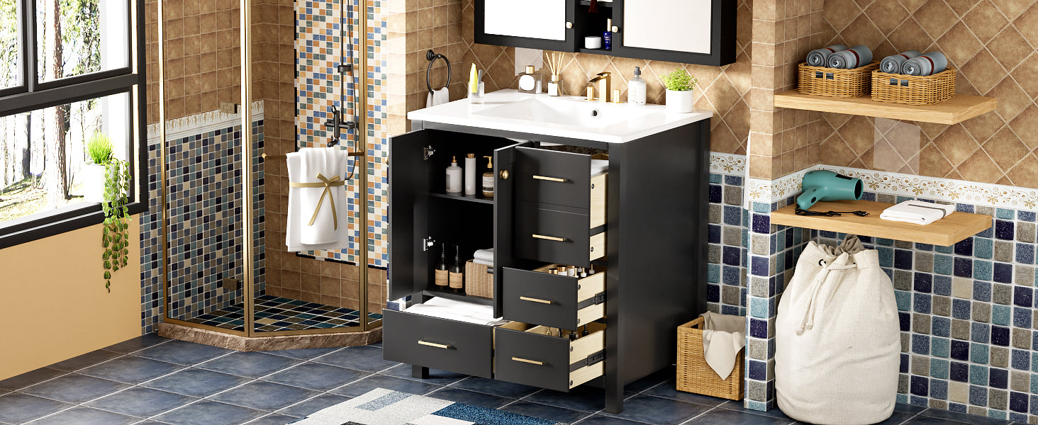 30'' Bathroom Vanity With Resin Sink Combo, Solid Wood Frame Bathroom Storage Cabinet, Freestanding Vanity Set With 4 Drawers& Soft Closing Doors, Black Black Bathroom Modern Solid Wood Mdf Resin