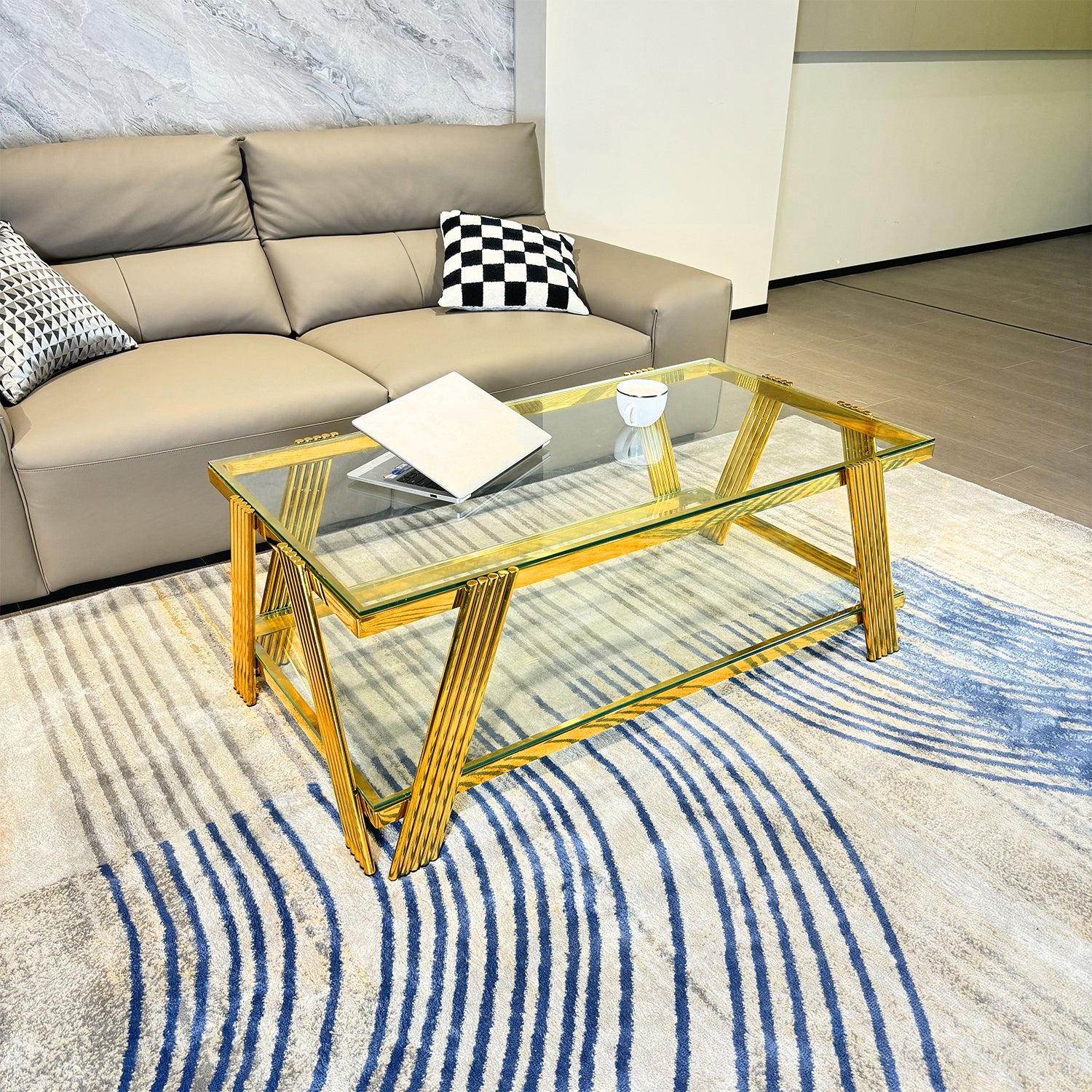 47" Wide Rectangle Modern Stainless Steel Coffee Table, Double Layer Clear Tempered Glass Coffee Table, Center Table With Storage, For Living Room Home Office, Easy Assembly, Gold Clear,Gold Modern