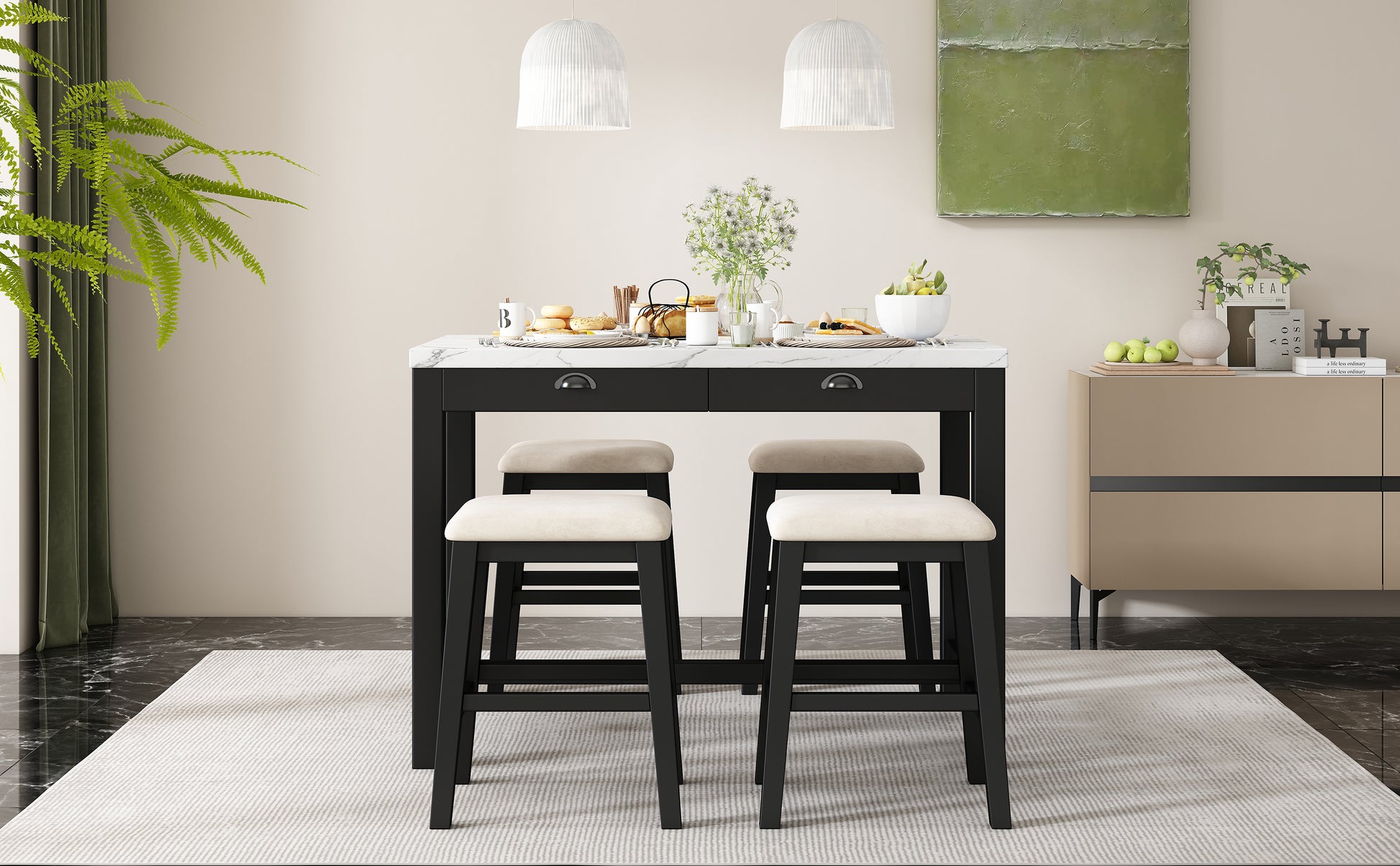 3 Piece Modern Faux Marble Versatile Bar Table Set With Storage Drawers And Padded Stools, Ideal For Space Saving Dining Nooks Or Small Kitchens Black Black Solid Wood Mdf
