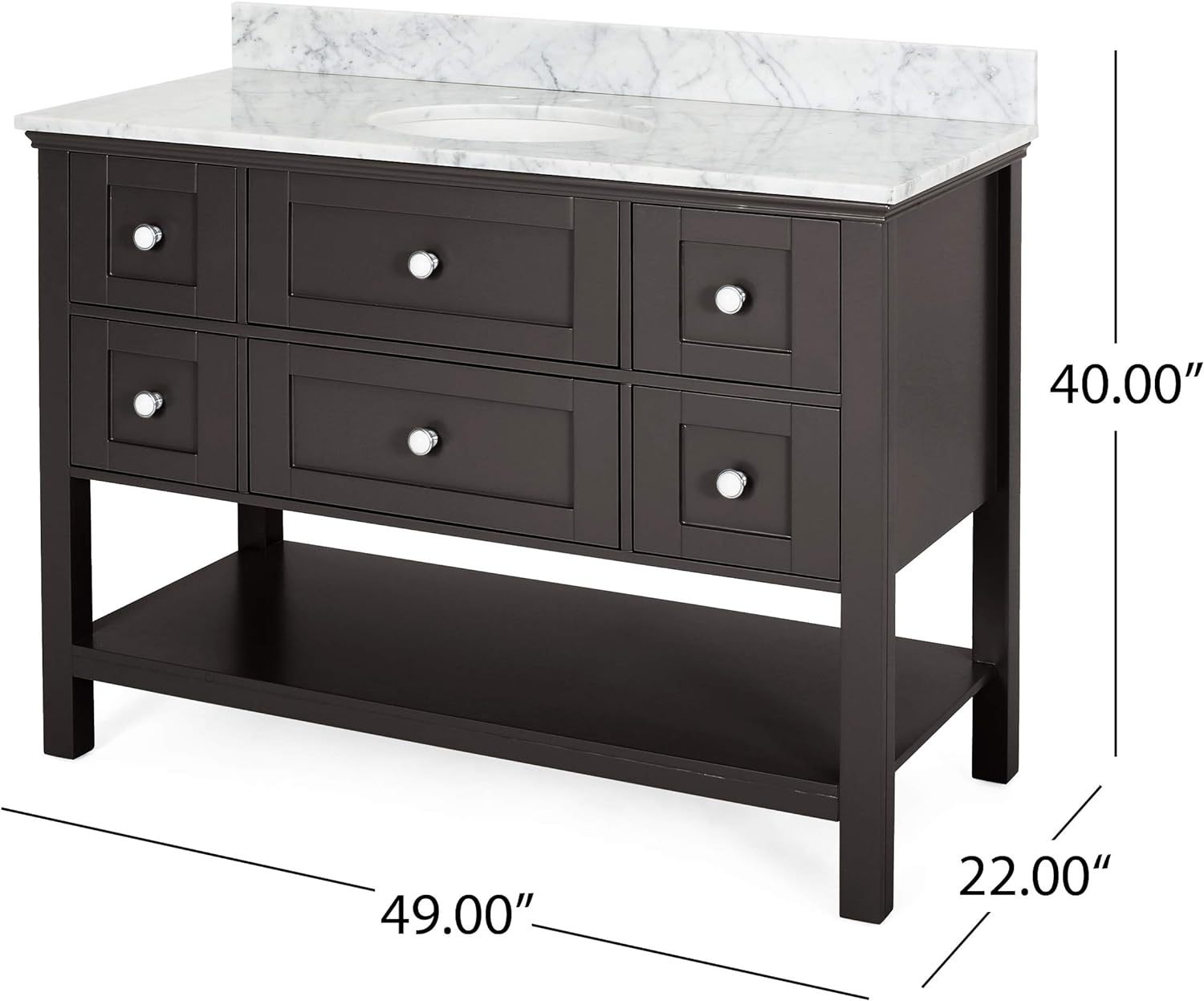 49'' Bathroom Vanity With Marble Top & Ceramic Sink, Open Shelf, 5 Drawers, Brown Brown Plywood