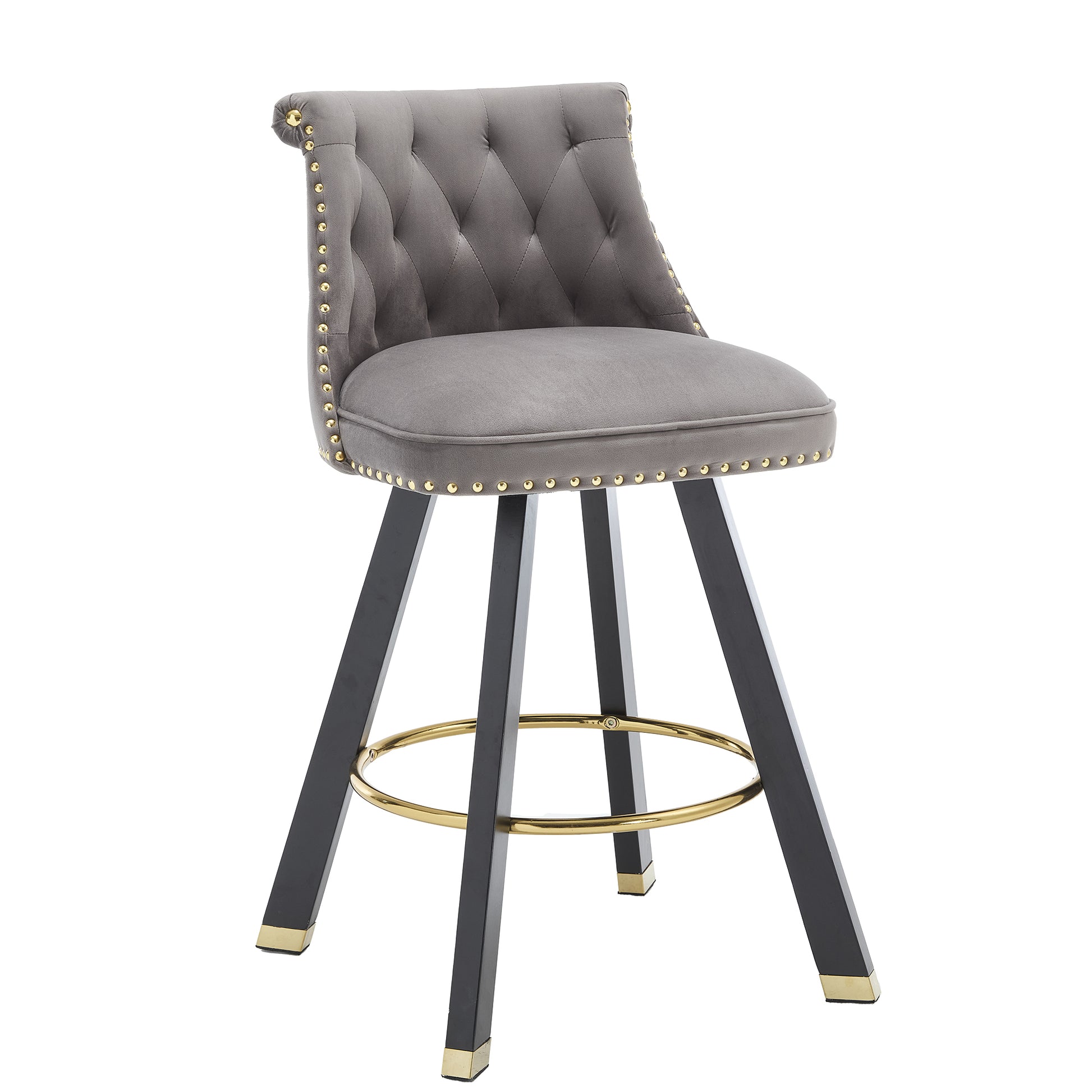 Coolmore Set Of 2,Back Pull Point Design, Velvet Material, 360 Degree Rotation, Back Pull Loop Detachable Design, Rivet Decoration, Square Foot Wooden Bar Chair Dark Gray Velvet