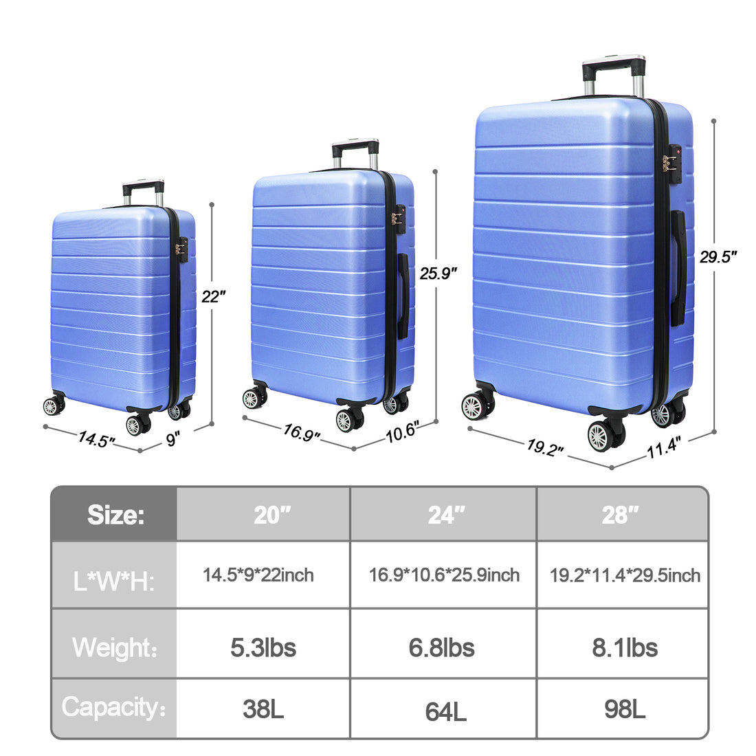 3 Piece Luggage Set Travel Lightweight Suitcases With Rolling Wheels,Tsa Lock & Abs Hard Shell ,Carry On Luggages For Business, Trip, 20 24 28 Purple Abs