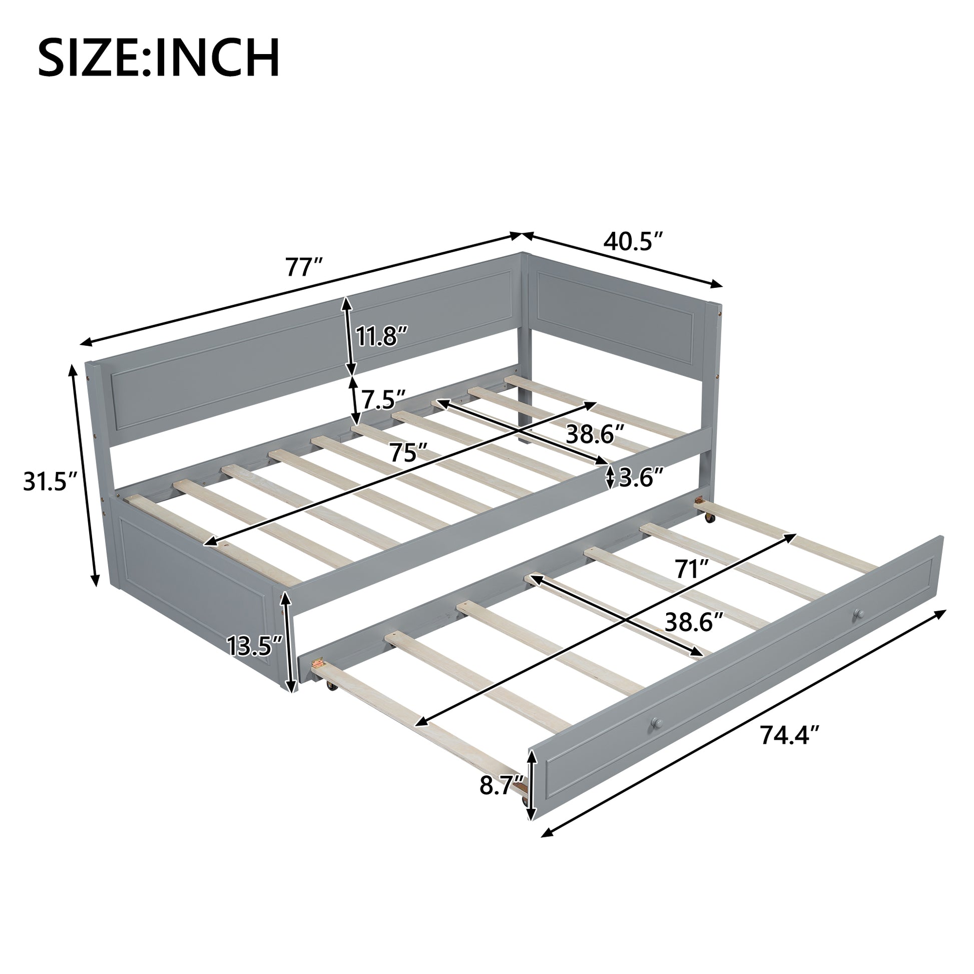 Twin Size Wood Daybed With Trundle And Guardrail, Gray Box Spring Not Required Gray Wood Solid Wood Mdf