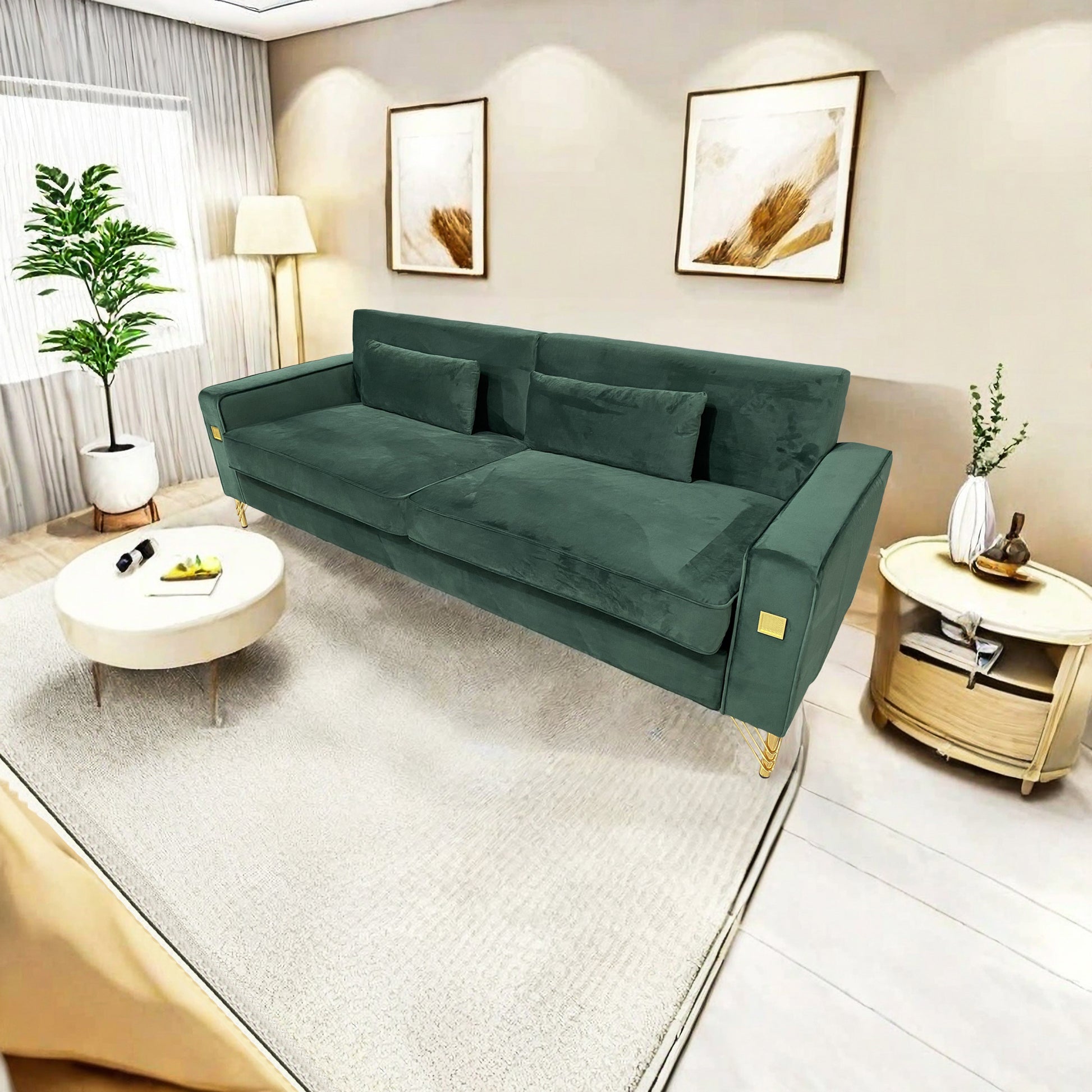 Fx P18 Rg2 Sofa Luxury Emerald Green Velvet Sofa With Gold Accents Modern 3 Seat Couch With Plush Cushions, Perfect For Living Room And Office Decor Retro Green Velvet 2 Seat