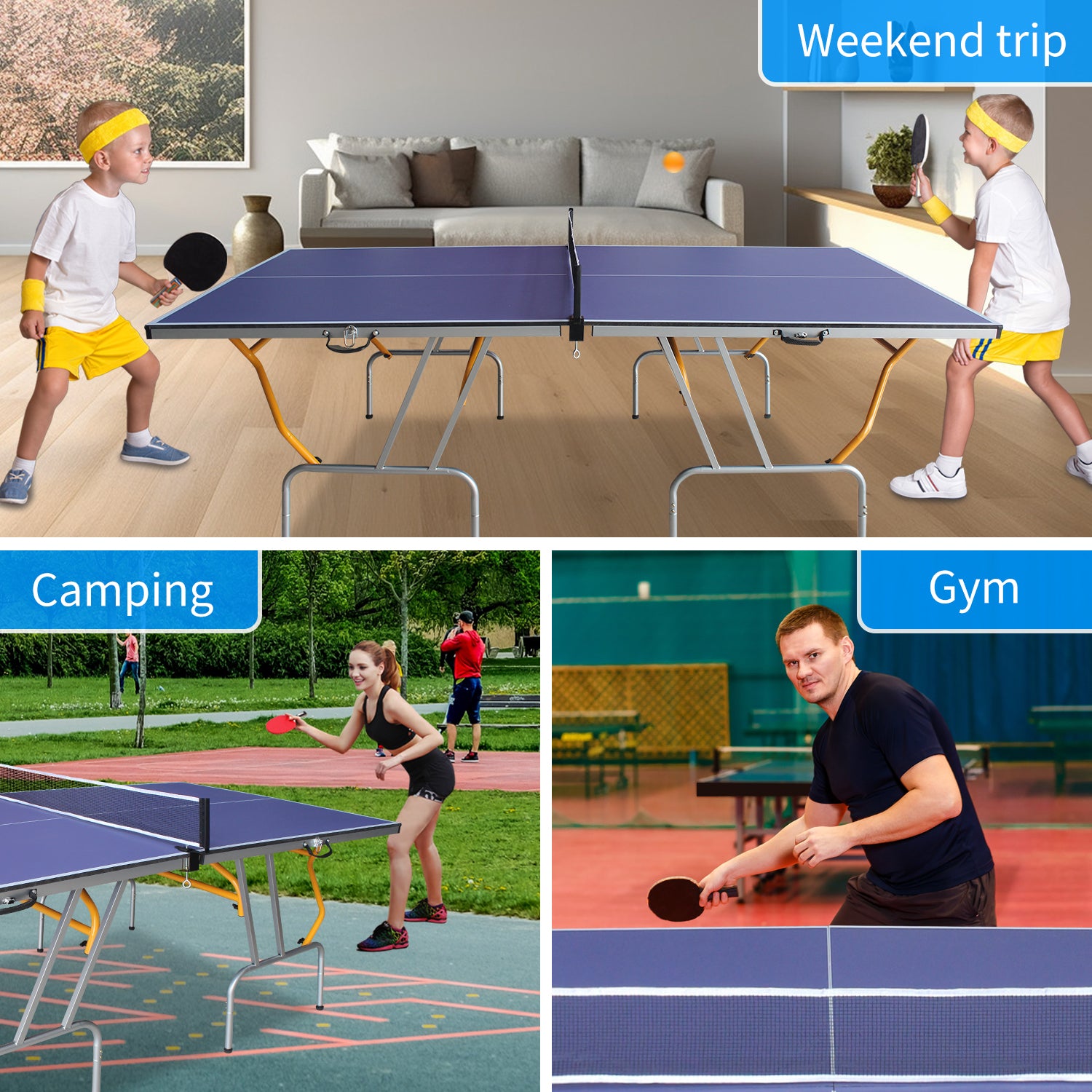 8Ft Mid Size Table Tennis Table Foldable & Portable Ping Pong Table Set For Indoor & Outdoor Games With Net, 2 Table Tennis Paddles And 3 Balls Blue Mdf