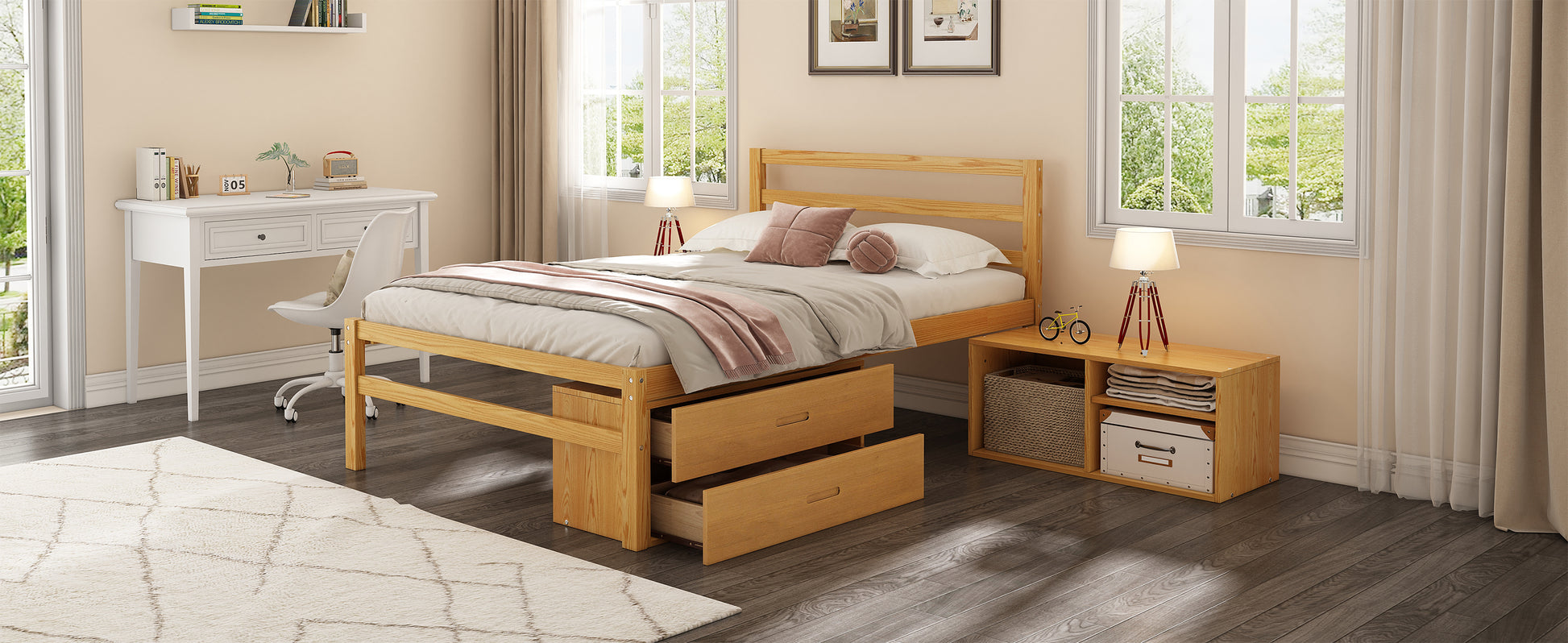 Full Size Wood Platform Bed With Removable Storage Shelves, Built In Two Storage Drawers For Added Convenience, Natural Full Natural Wood