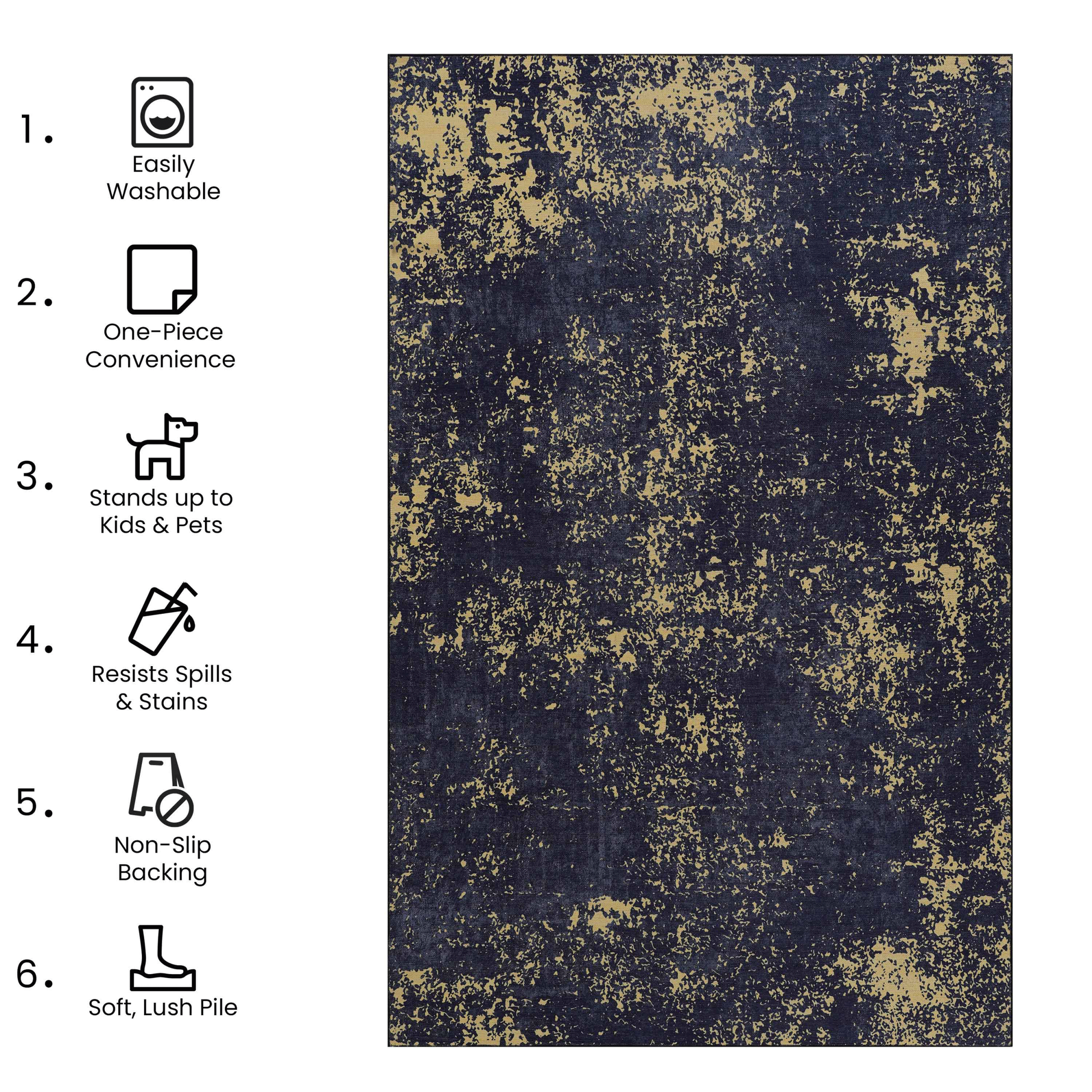 6X9 Area Rugs, Washable Rug, Low Pile, Non Slip, Non Shedding, Foldable, Kid & Pet Friendly Area Rugs For Living Room, Bedroom, Kitchen, Dining Room Rug Perfect Gifts, Black Gold, 6' X 9' Black Gold Chenille Polyester