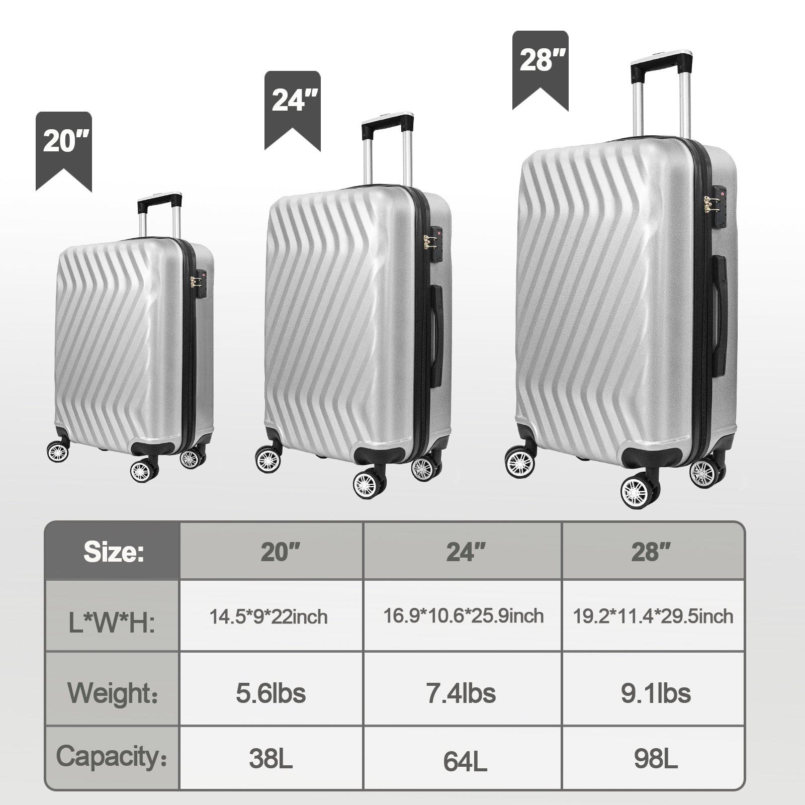 Hardside Lightweight Luggage Featuring 4 Spinning Wheel Robust Abs And Secure Tsa Lock Luggage Set 3 Pieces 20 24 28 Inches Women And Men Silver Grey Abs