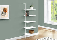 Bookshelf, Bookcase, Etagere, Ladder, 5 Tier, 72"H, Office, Bedroom, White Laminate, White Metal, Contemporary, Modern White Metal