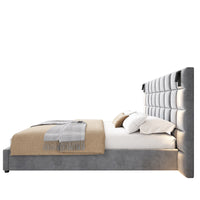 Upholstered King Bed,With Reading Lamp And Usb Port, Wide Headboard,Without Bedside Tables And Mattress, Velvet, Grey King Grey Wood Foam,Upholstered,Velvet