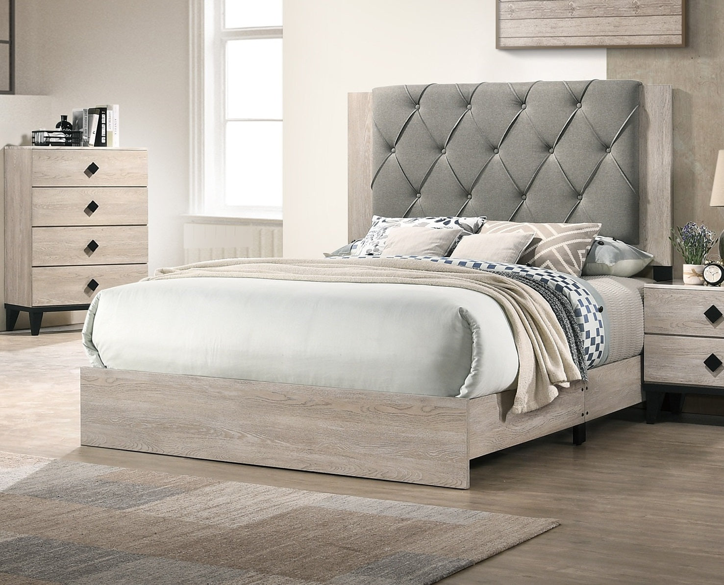 Contemporary 1Pc Cream Finish Queen Size Bed Bedroom Furniture Gray Tufted Design Headboard Rubberwood 1Pc Bedframe Box Spring Required Queen Cream Grey Wood Bedroom