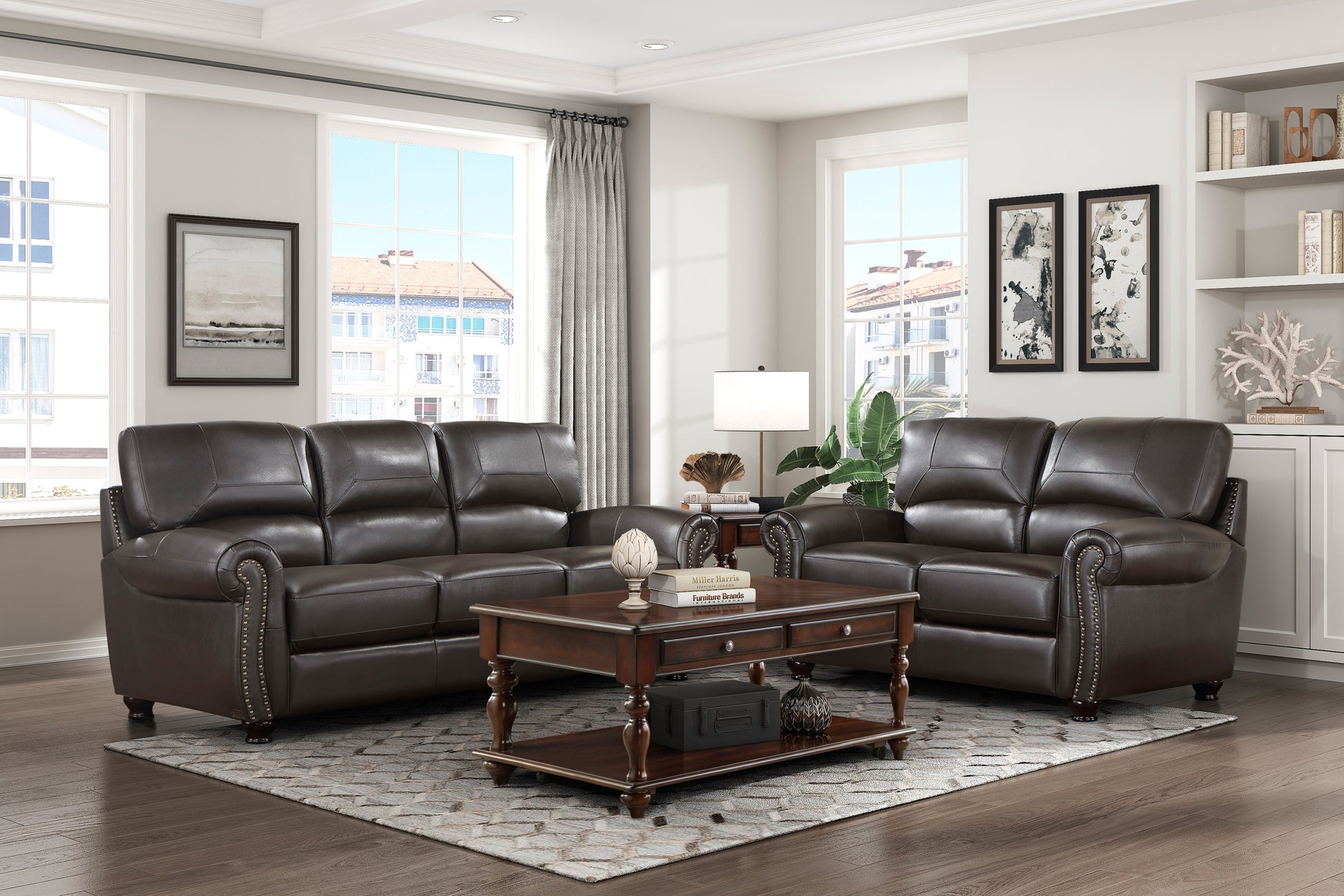 Traditional Living Room Furniture 2Pc Sofa Set Dark Brown Leather Sofa Loveseat Comfortable Plush Seating Rolled Arms Trim Classic Design Dark Brown Primary Living Space Classic,Traditional Rolled Arms Solid Wood 5 Seat