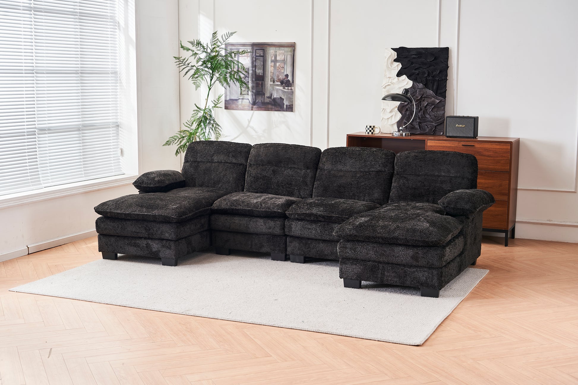 U Shaped Profile Sofa, Including Two Single Seats And Two Chaise, Modular Sofa, Chenille Sofa,Black Black Foam Polyester 4 Seat