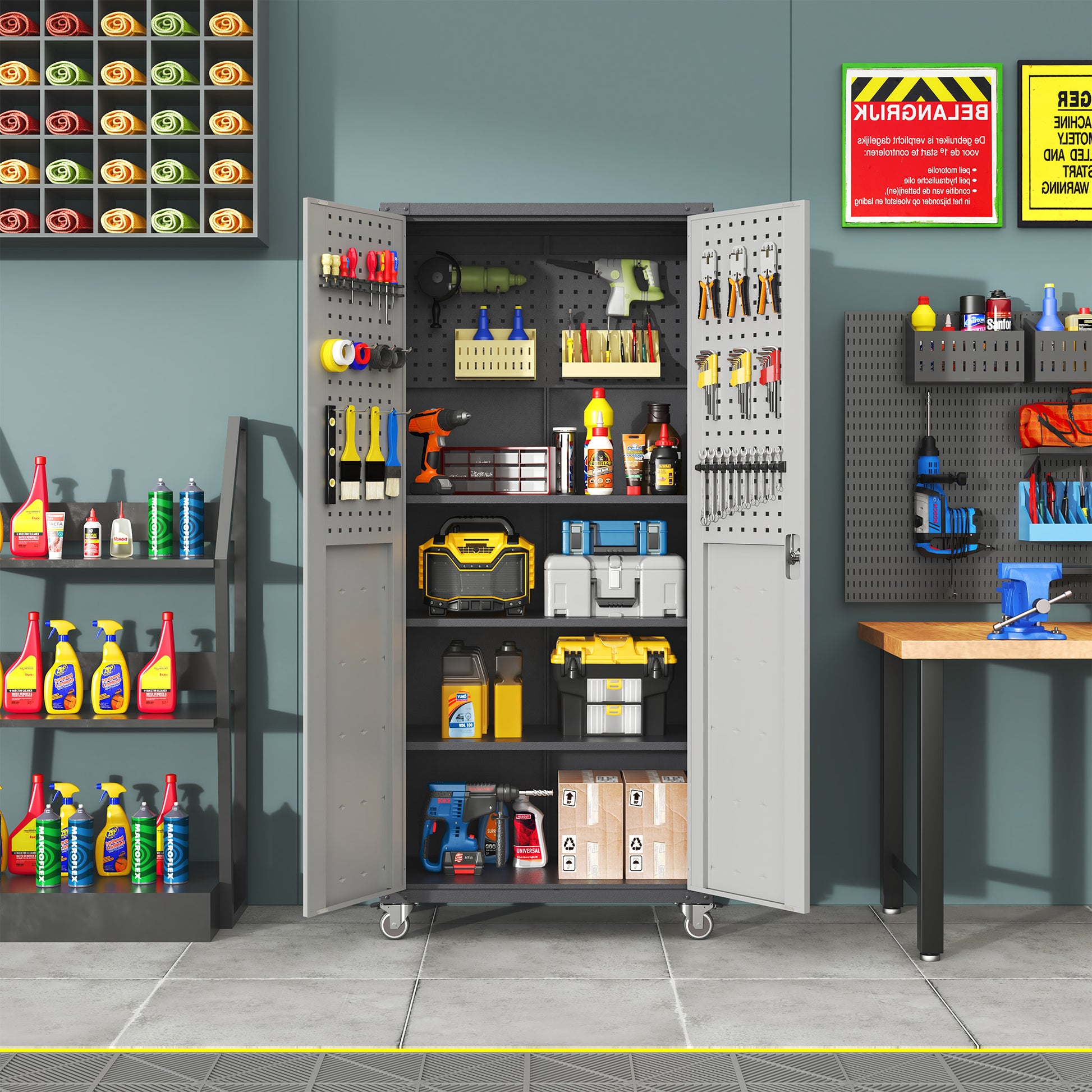 71" Metal Garage Storage Cabinet With Wheels Heavy Duty Tool Storage Cabinet For Home, Office, School, And Garage Organization, Black Gray Black Gray Steel