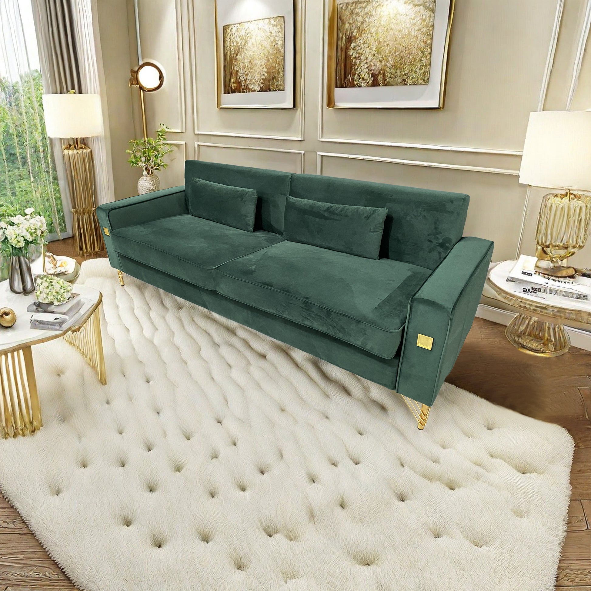 Fx P18 Rg2 Sofa Luxury Emerald Green Velvet Sofa With Gold Accents Modern 3 Seat Couch With Plush Cushions, Perfect For Living Room And Office Decor Retro Green Velvet 2 Seat