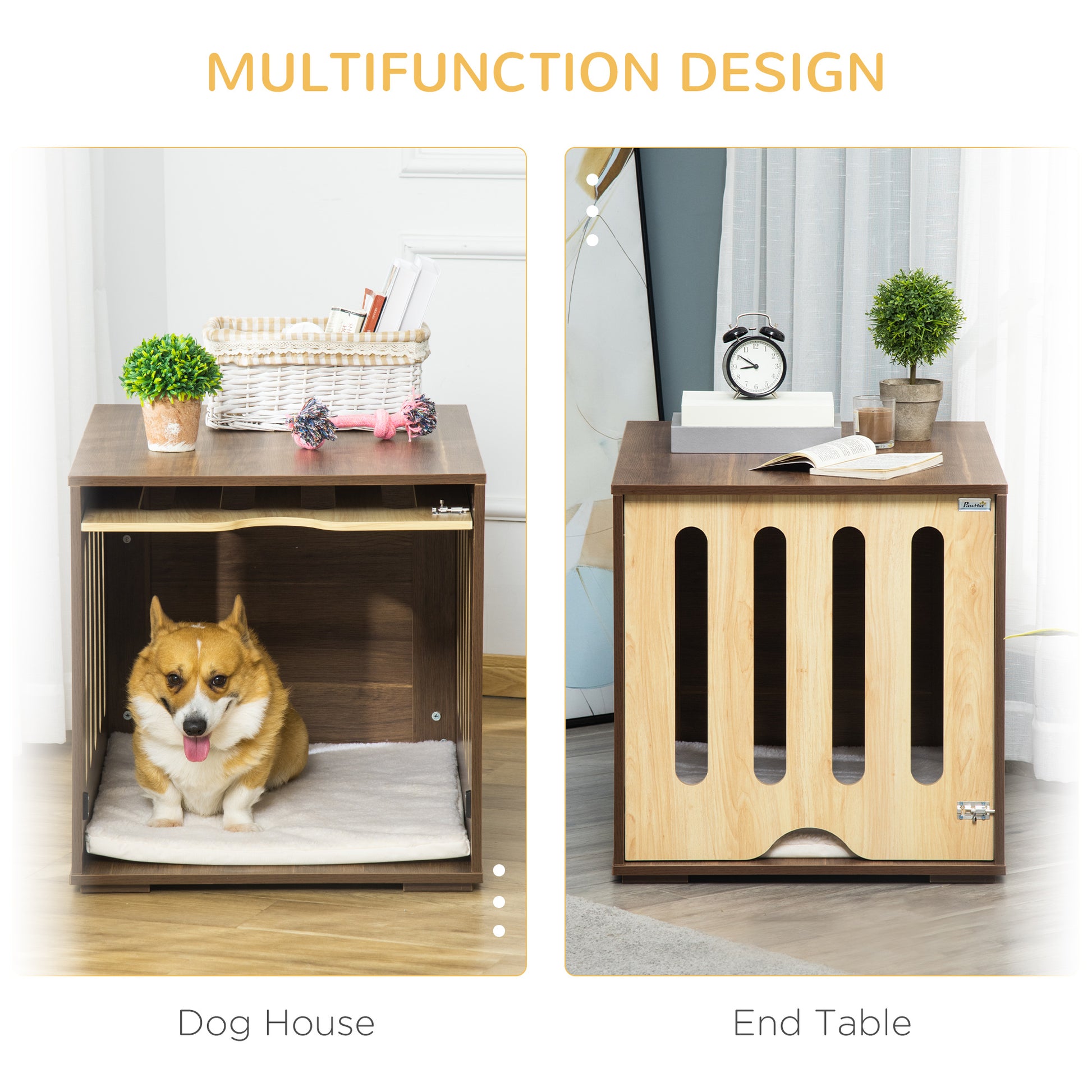 Pawhut Furniture Style Dog Crate End Table With Removable Door Panel, Dog Crate Bed With Foam Cushion, Safety Lock, Indoor Use, For Small & Medium Dogs, Brown Brown Mdf