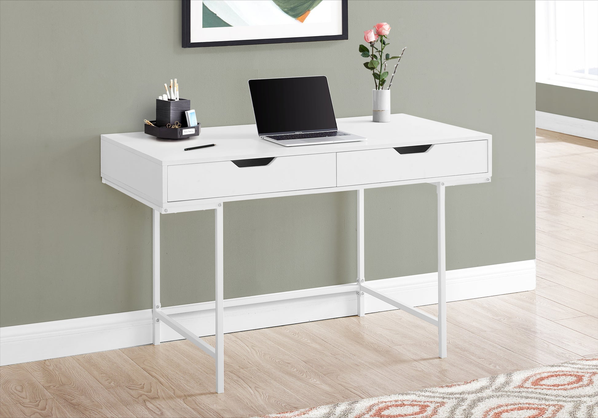 Computer Desk, Home Office, Laptop, Storage Drawers, 48"L, Work, White Laminate, White Metal, Contemporary, Modern White Particle Board