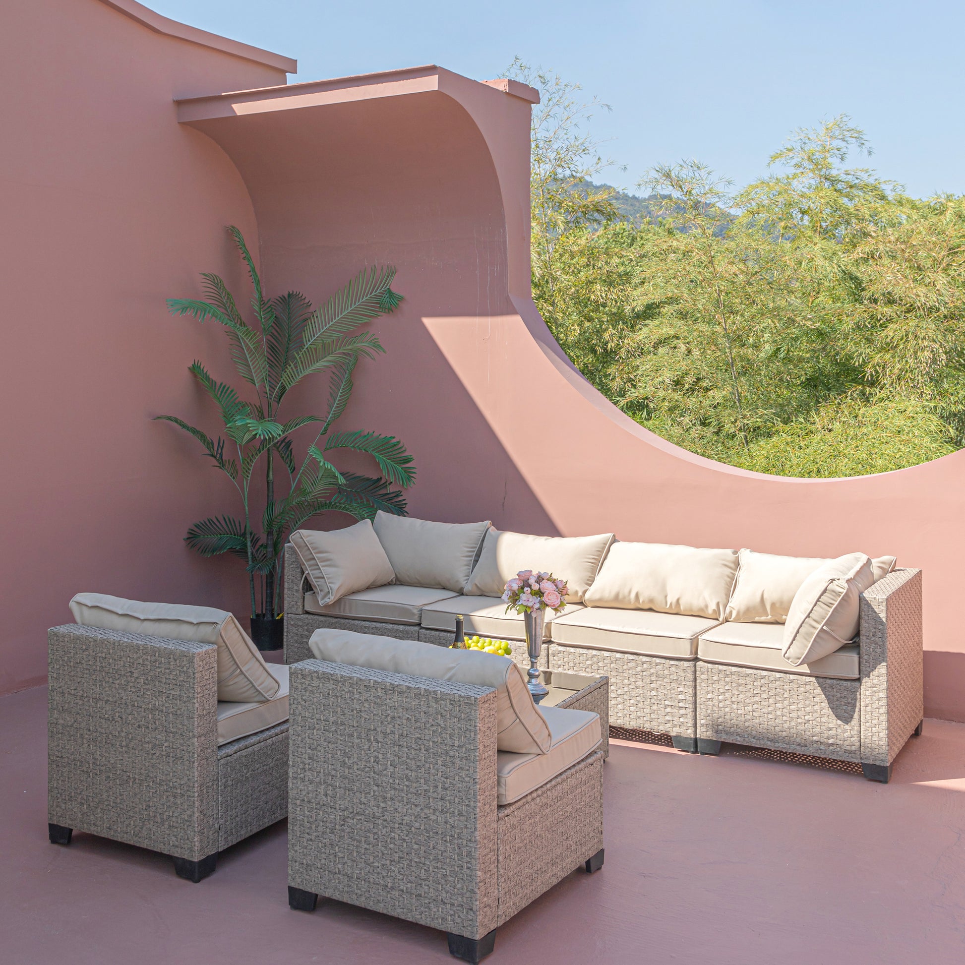 8 Piece Patio Furniture Set, All Weather Boho Outdoor Conversation Set Sectional Sofa With Water Resistant Khaki Thick Cushions Light Khaki Beige Metal