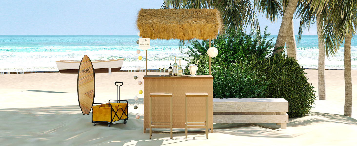 Hawaiian Style Bar Height Patio Set With Pe Grass Canopy, Outdoor Bar Table And Stools With Adjustable Feet, Acacia Wood Top, For Dining And Drinking, Natural Antique Natural Seats 2 Garden & Outdoor Wicker
