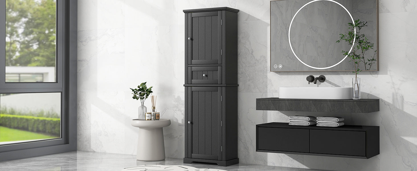 Tall Bathroom Storage Cabinet, Freestanding Storage Cabinet With Drawer And Adjustable Shelf, Mdf Board With Painted Finish, Black Black Mdf