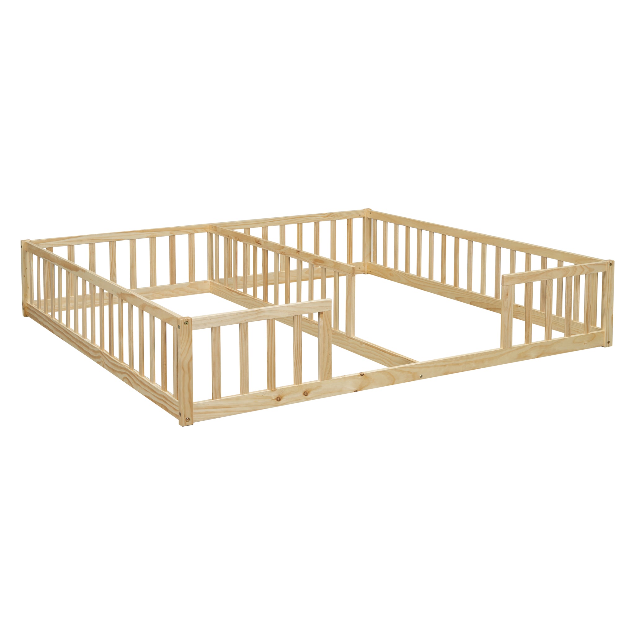 Double Twin Floor Bed With Fence, Guardrails, Without Door, Natural Twin Natural American Design Pine