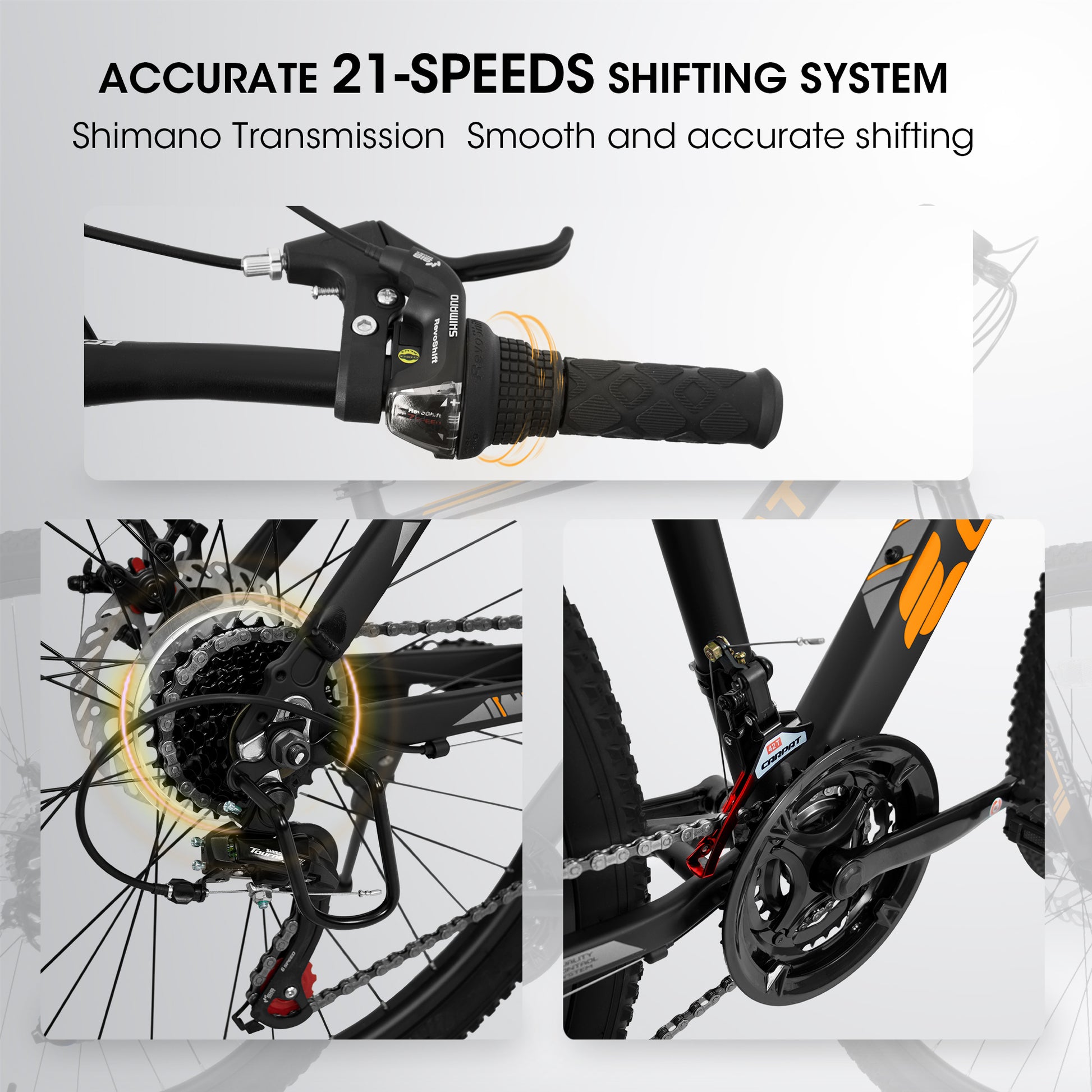 A26322 26 Inch Mountain Bike Adult Aluminum Frame Shock Absorbing Front Fork Bike 21 Speed Disc Brake Mountain Bike Black Orange Aluminium