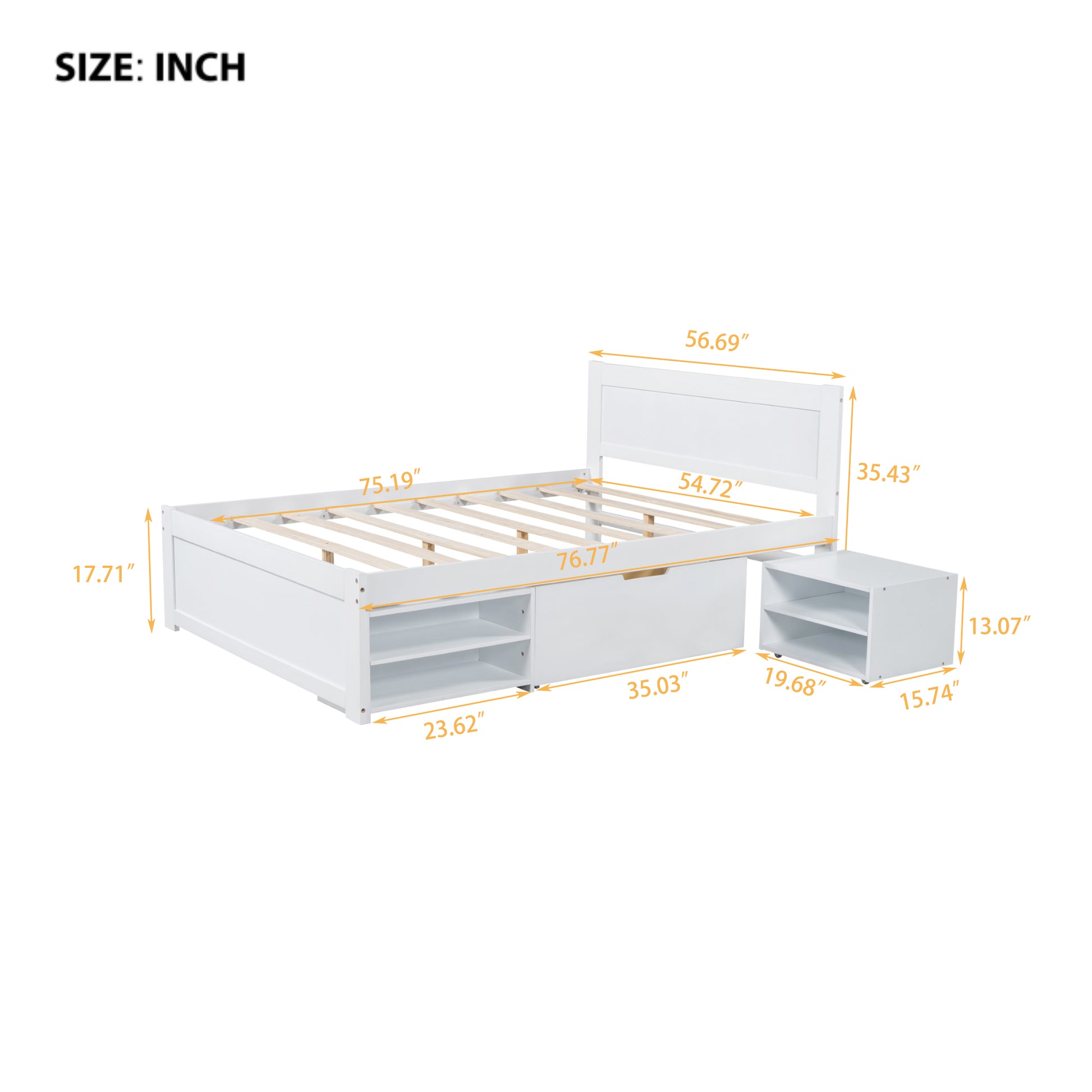 Full Size Platform Bed With Drawer And Two Shelves, White Full Antique White Mdf Lvl