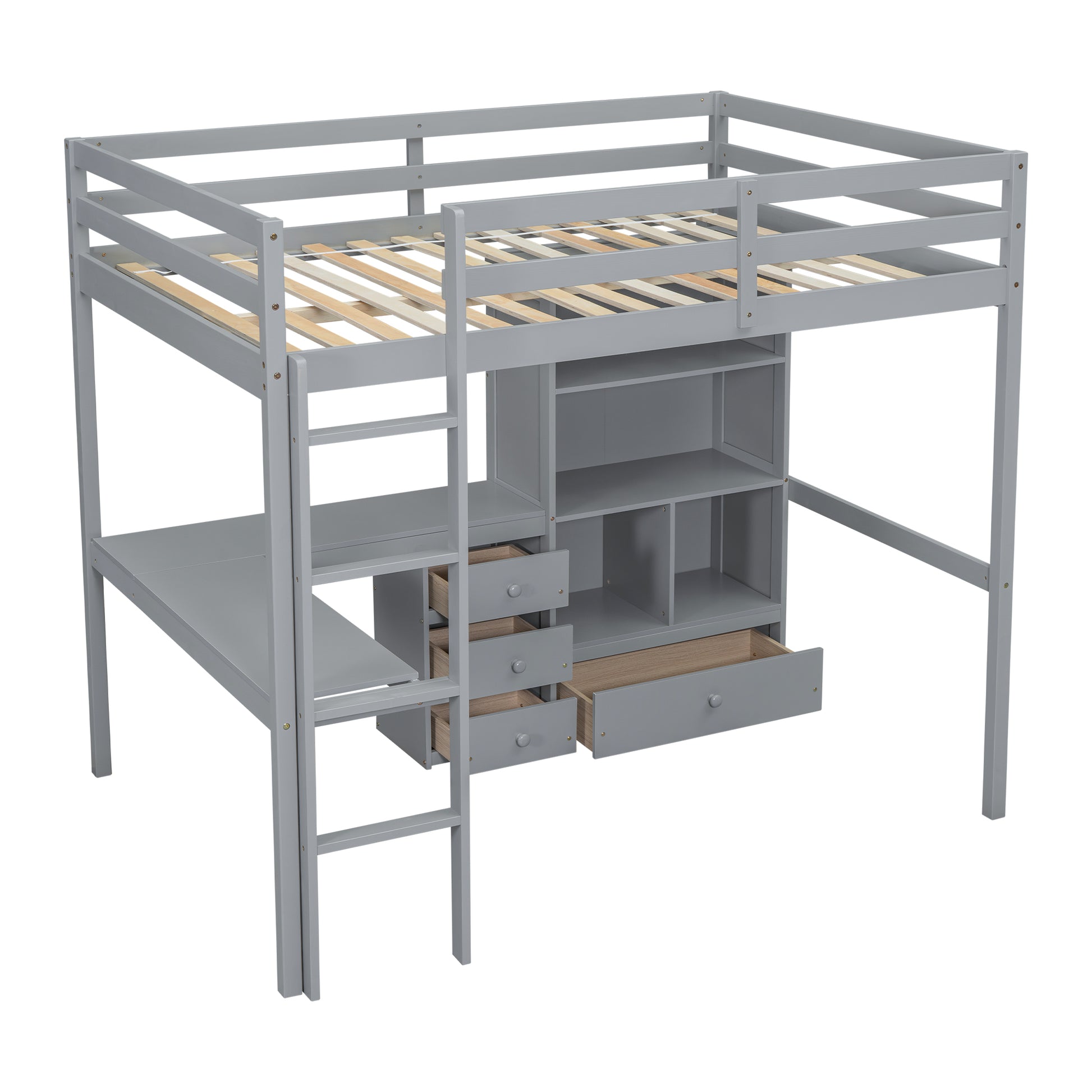 Full Size Loft Wood Bed With Desk, Storage Shelves And Drawers, Built In Ladder, High Loft Bed With Desk, Storage Shelves And Drawers,Guardrails,Grey Full Grey Pine