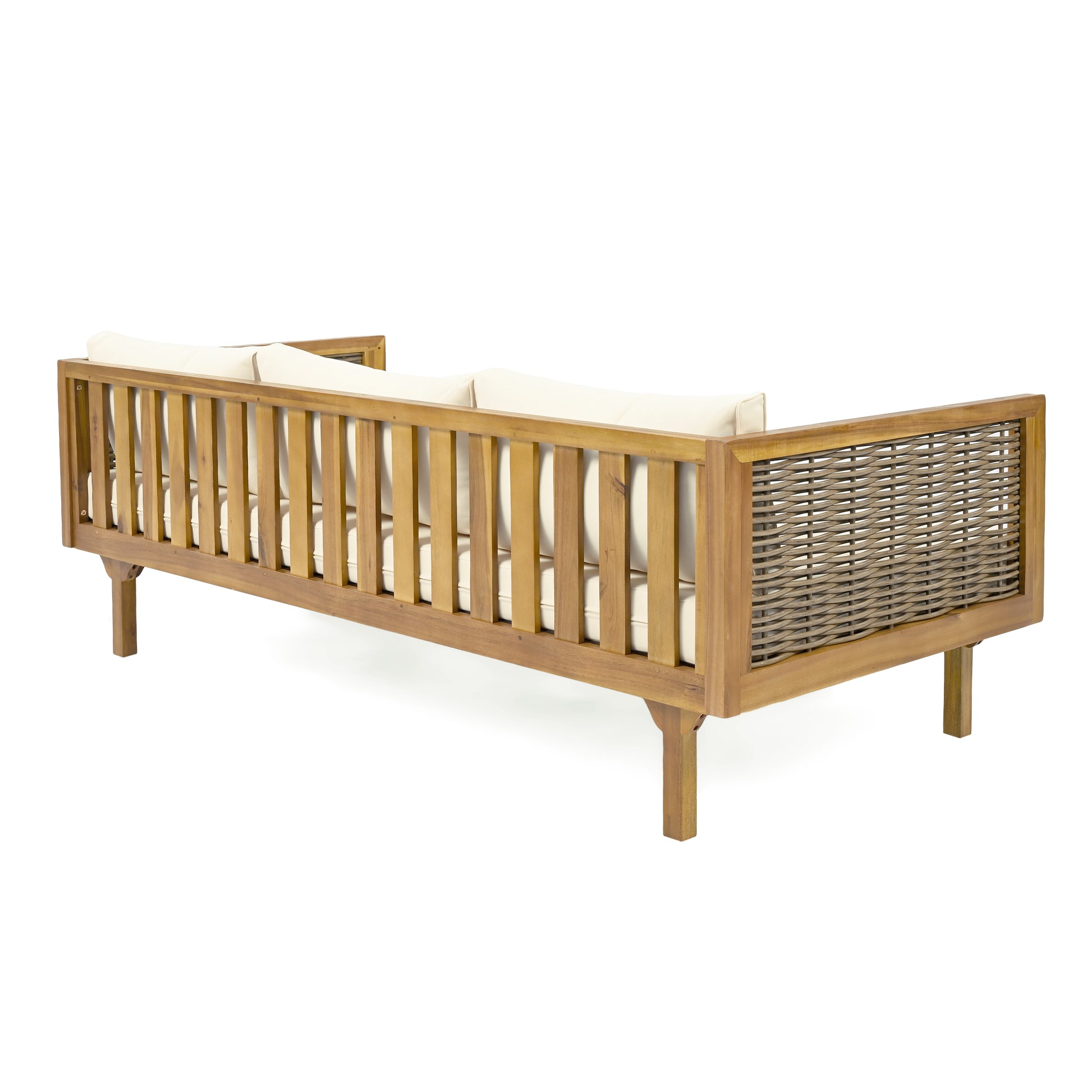 Claremont 3 Seater Daybed With Rattan Arms Beige Cushion Teak Beige Wood Fabric Rattan