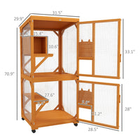 Pawhut Large Cat House With High Up Resting Box, 71" Wooden Catio With Asphalt Roof, Indoor & Outdoor Cat Enclosure On Wheels, For 1 3 Cats, Orange Orange Wood