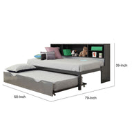 Metal Twin Bed With Bookcase And Rollout Trundle, Black And Silver Black And Silver Wood