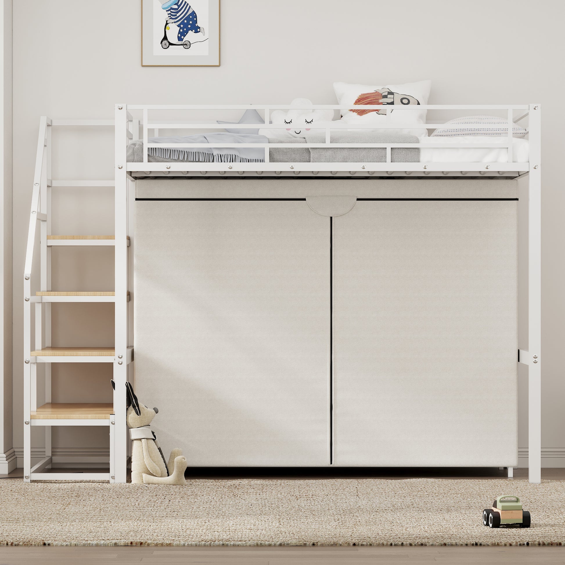 Twin Size Metal Loft Bed With Wardrobe And Storage Shelves, White Box Spring Not Required Twin White Metal Mdf Metal