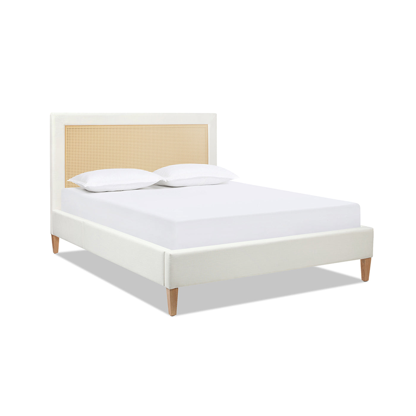 Haley Upholstered Cane Back Platform Bed, Queen, Antique White Polyester Box Spring Not Required Queen Antique White Wood Foam Polyester Polyester