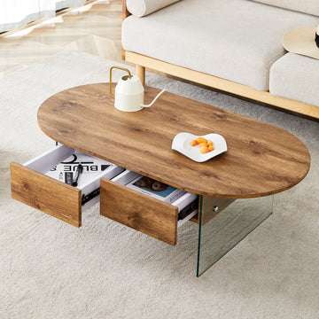 Coffee Table With Double Drawers. The Board Surface Is Mdf Sticker, And Both Sides Are Transparent Tempered Glass. The Design Is Simple And Elegant, With Excellent Storage Functions. Wood Mdf Glass