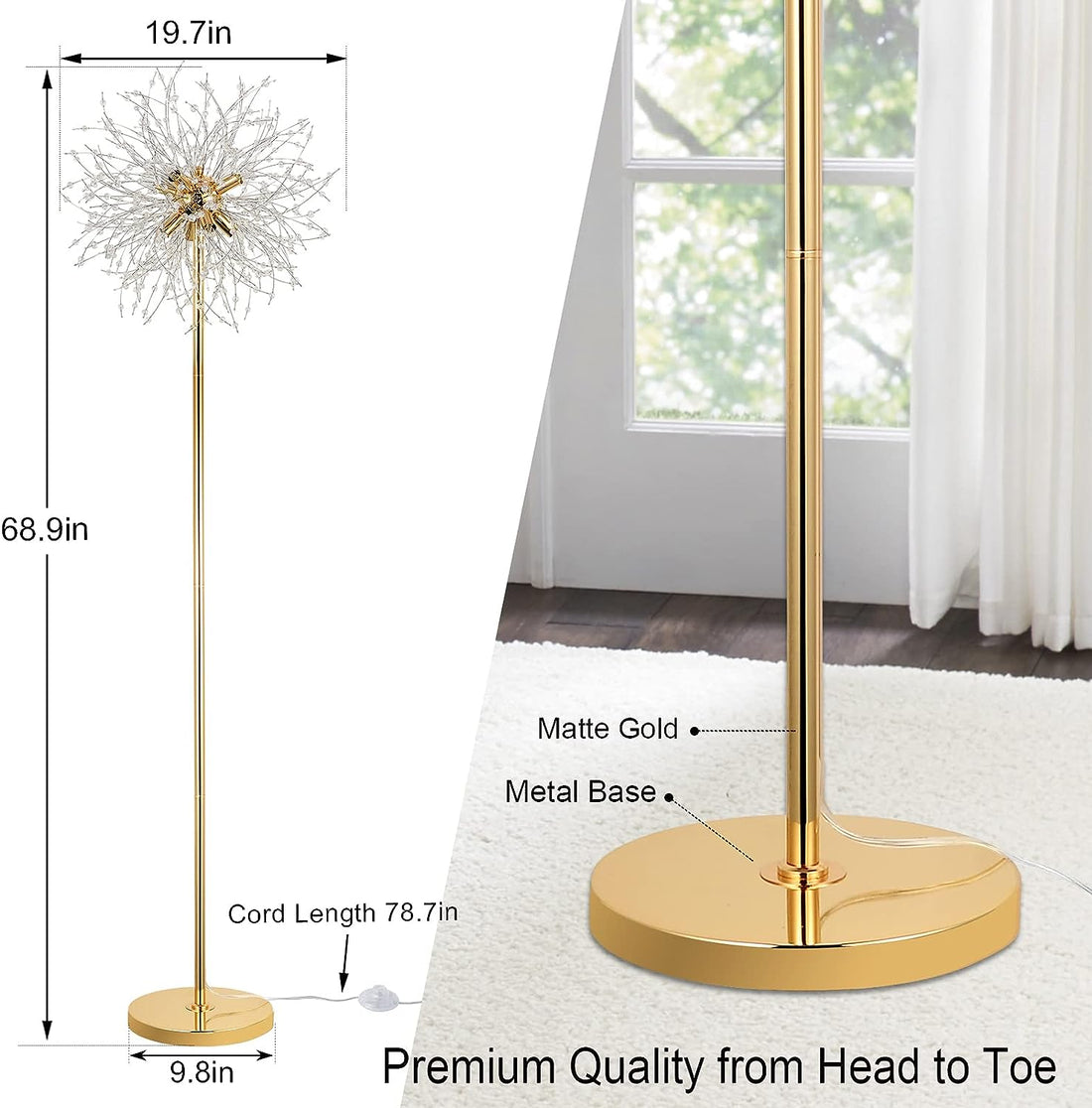 69 Inch Crystal Floor Lamp, Modern Standing Lamp With K9 Crystal, Led Floor Lamp With On Off Foot Switch, Metal Tall Pole Lamp For Living Room, Girls Room, Bedroom, Dresser, Office, Gold Finish