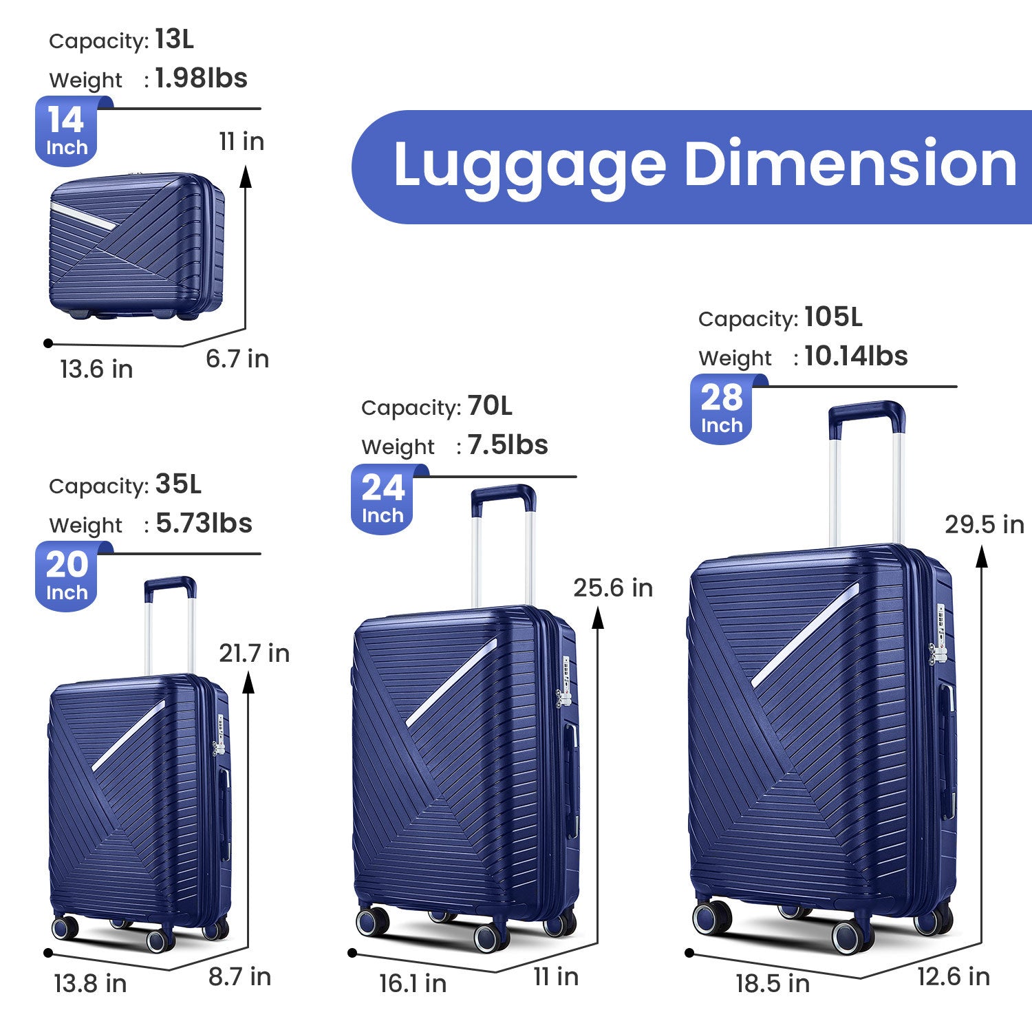 Luggage Sets 4 Piece 14 20 24 28 , Expandable Lightweight Suitcase With 4 Double 360 Degrees Mute Spinner Wheels Pp Materials Durable Tsa Lock Travel Luggage Navy Blue Polypropylene