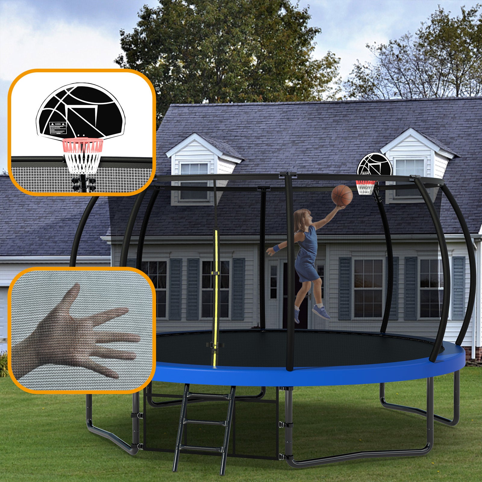 14Ft Trampoline With Enclosure Recreational Trampolines With Ladder And Antirust Coating, Astm Approval Outdoor Trampoline For Kids Blue Steel