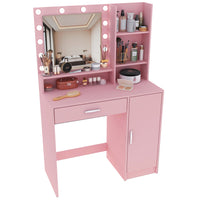 Vanity Desk With Mirror & Light, Large Drawer Three Level Storage Dresser, 3 Lighting Modes Adjustable Brightness, Bedroom Dressing Table Pink Pink Particle Board
