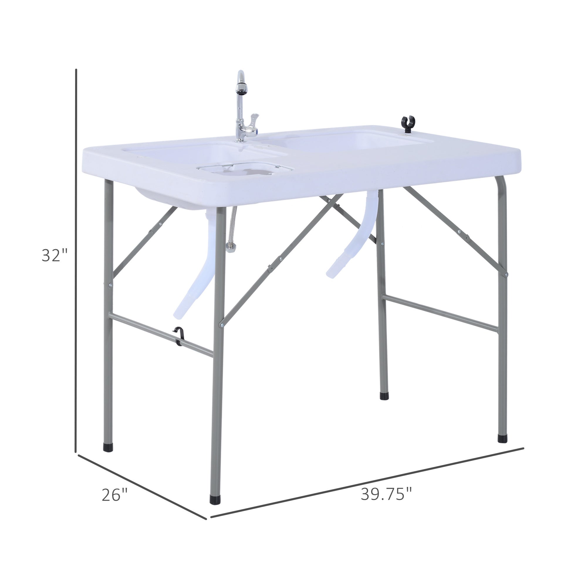 Outsunny Folding Camping Table With Faucet And Dual Water Basins, Outdoor Fish Table Sink Station, For Picnic, Fishing, 40'' White Hdpe