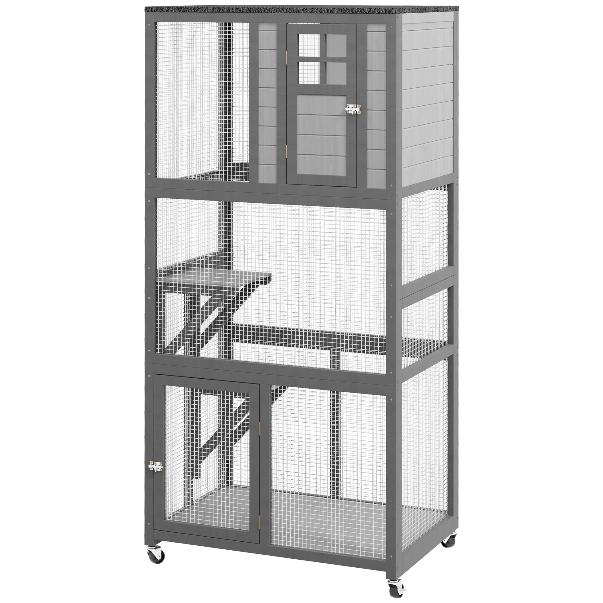 Pawhut 74" Wooden Catio Outdoor Cat House Weatherproof & Wheeled, Outside Cat Enclosure With High Weight Capacity, Kitten Cage Condo, Light Gray Light Gray Steel