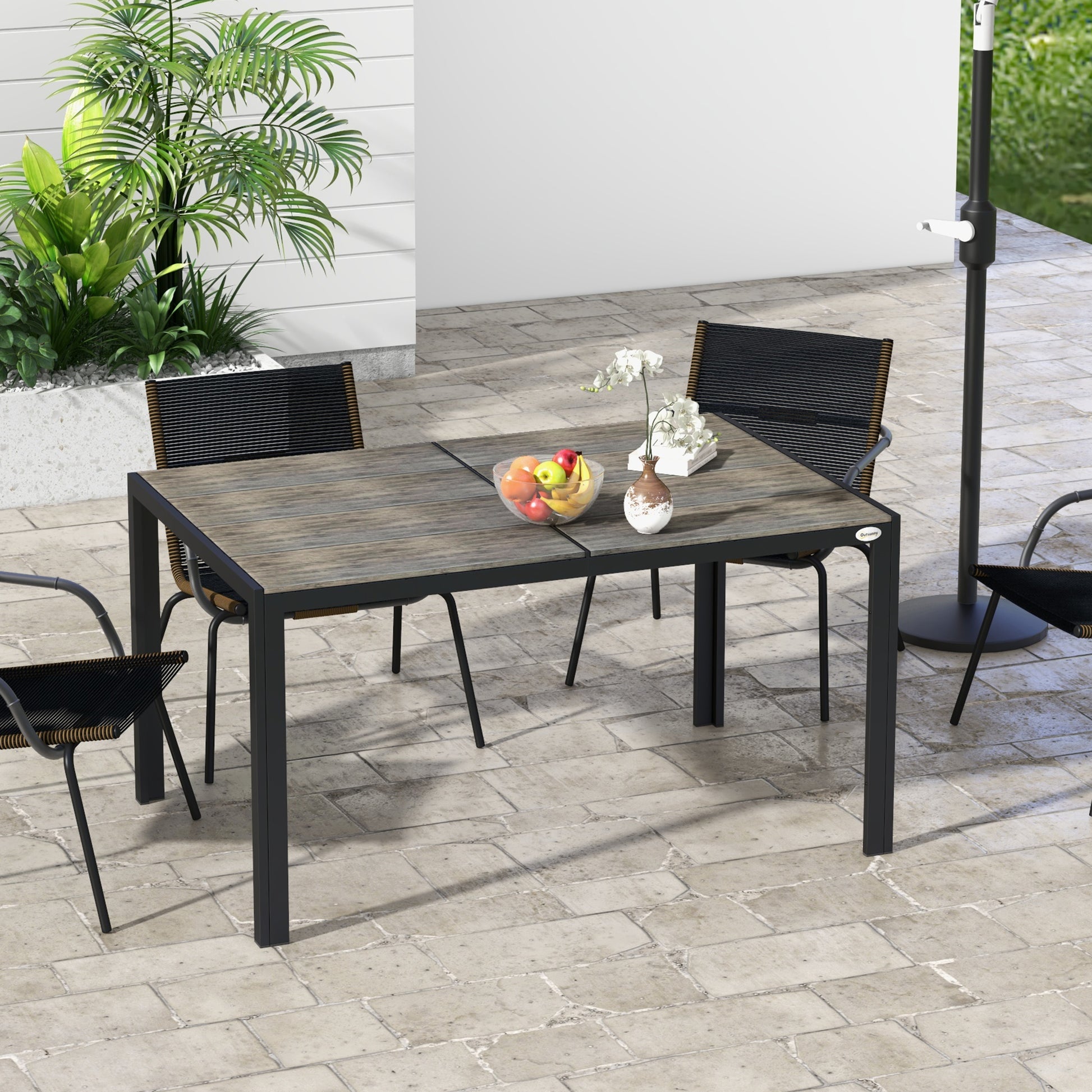 Outsunny Outdoor Dining Table For 6 People, Aluminum Rectangular Patio Table With Faux Wood Tabletop For Backyard, Lawn, Balcony, Poolside, 55" X 35.5", Gray Gray Aluminum