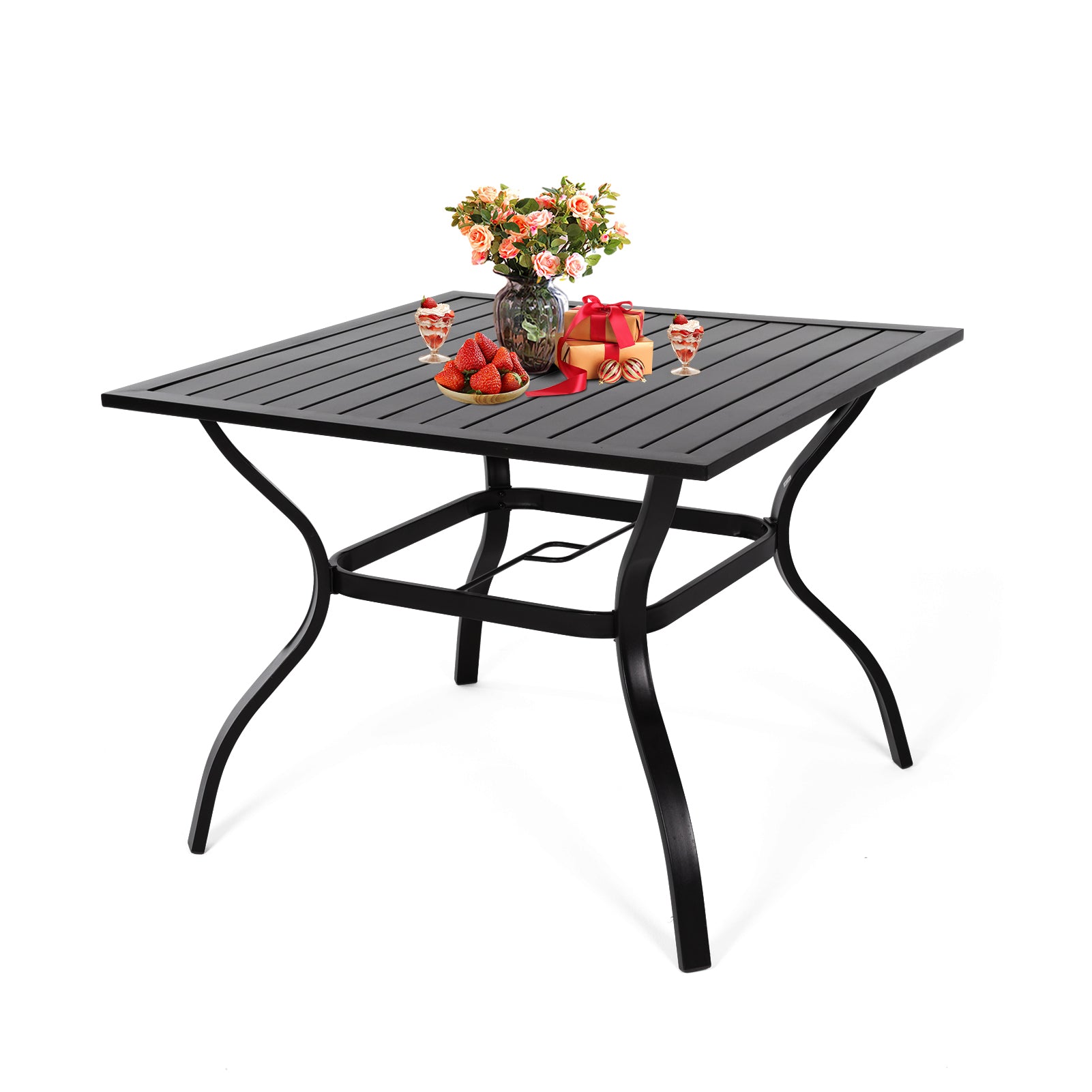 37" Square Outdoor Dining Table, Metal Patio Table With 1.57" Umbrella Hole No Dining Set Black Mildew Resistant Frame Garden & Outdoor American Design Complete Patio Sets Iron