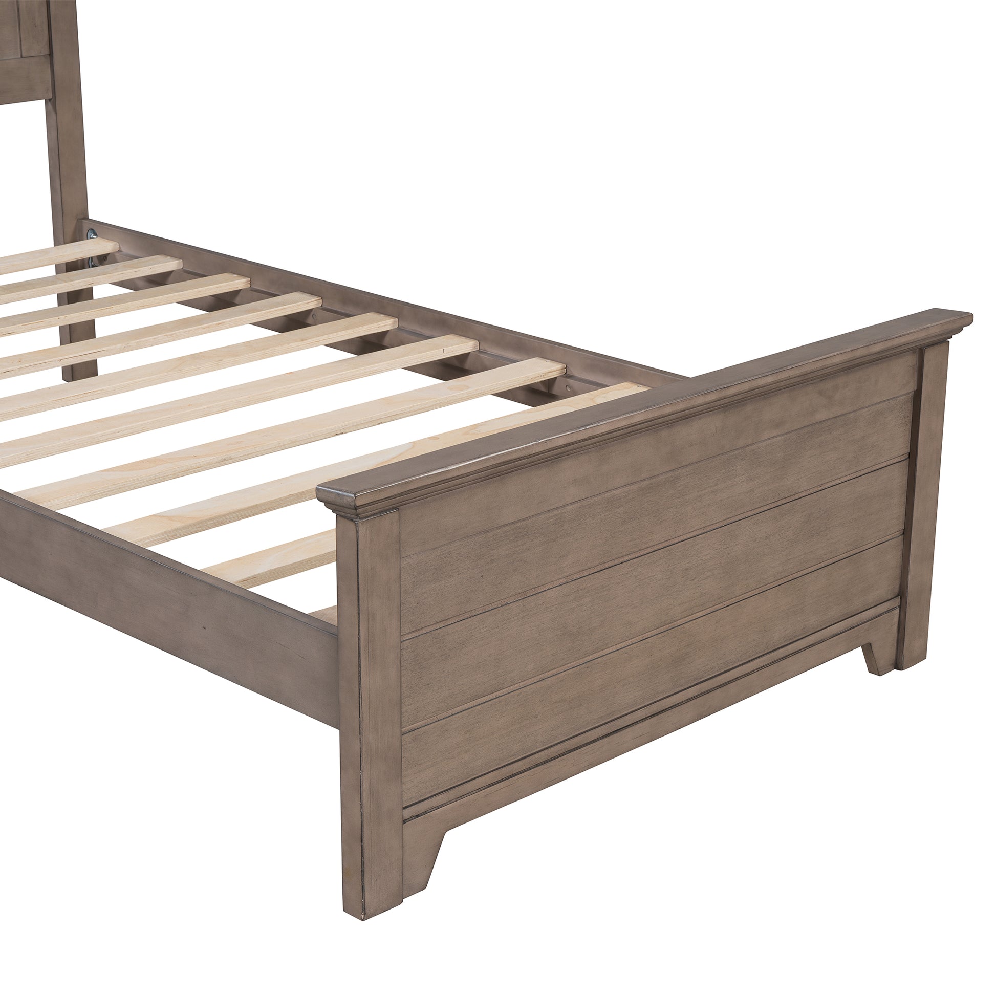 Farmhouse Wooden Platform Twin Size Bed With Panel Design Headboard And Footboard For Teenager, Ash Brown Twin Ash Brown Pine