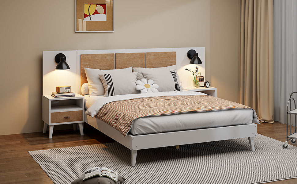 Queen Size Solid Wood Bed Frame With 2 Nightstands, Elegant Design With Lamps, Rattan And Wood Combination,White Queen White Wood