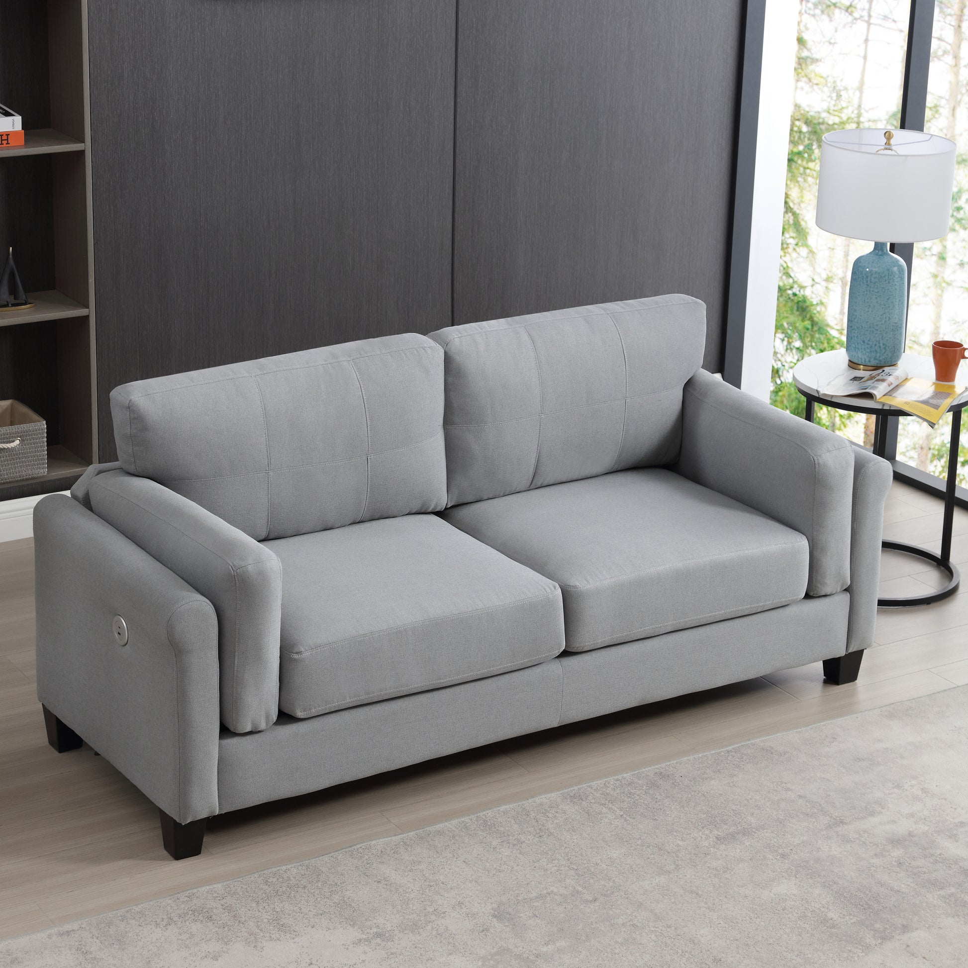 Oversized Modern Style Button Tufted Linen Upholstered 3 Seat Sofa With Usb Charger, Three Seat Sofa Couch, Living Room Sofa For Home Or Office, Gray Gray Fabric 3 Seat