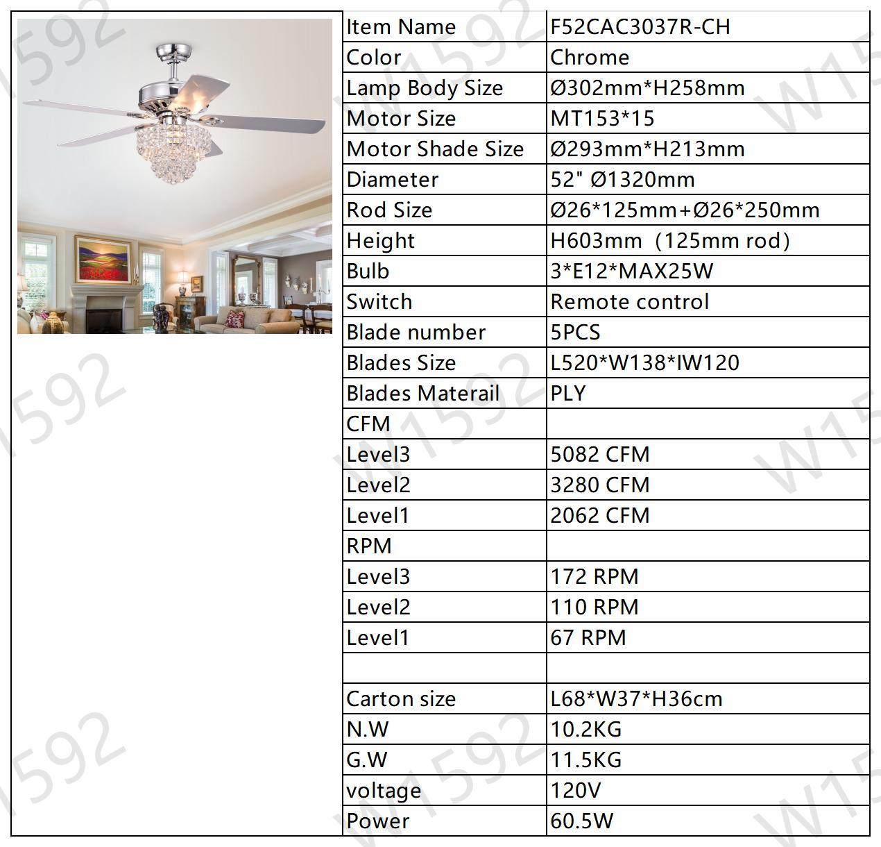 52 Inch Crystal Ceiling Fan Lamp With Remote Control 3 Speed High, Mid, Low , 5 Reversible Blades For Living Room, Dining Room, Bedroom, Family Room, Chrome ,3Pcs*E12 No Include Bulb Chrome American Traditional,Antique,Classic,Contemporary Plywood Metal