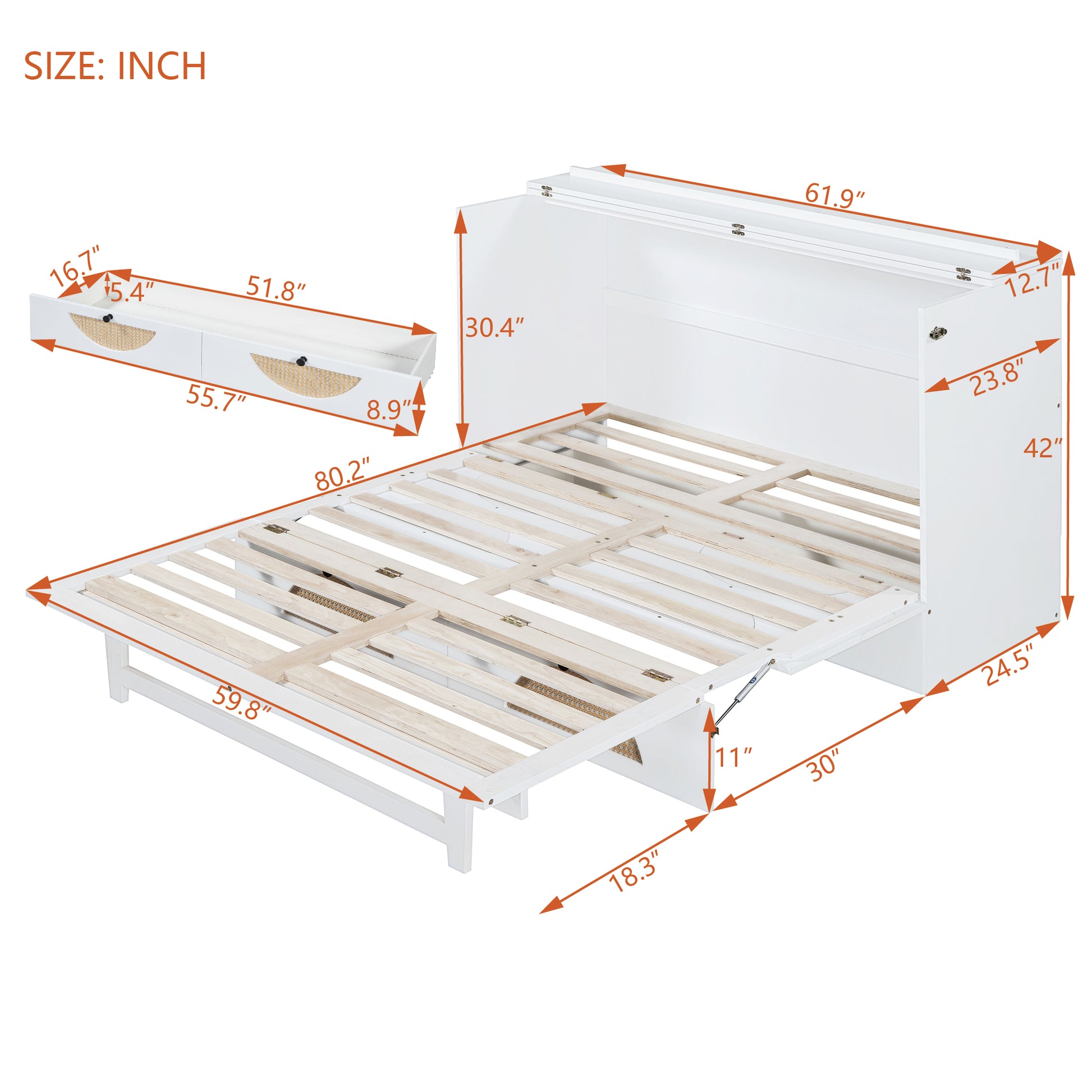 Queen Size Murphy Bed With Large Drawer,Usb Ports And Outlets,White Queen White Plywood