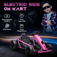 Aosom 24V 8.1 Mph Electric Go Kart, Drifting Car Battery Powered Ride On Toy Outdoor With Slow Start, Music, Horn Honking And Safety Belt, For 8 12 Years Old, Pink Pink Plastic