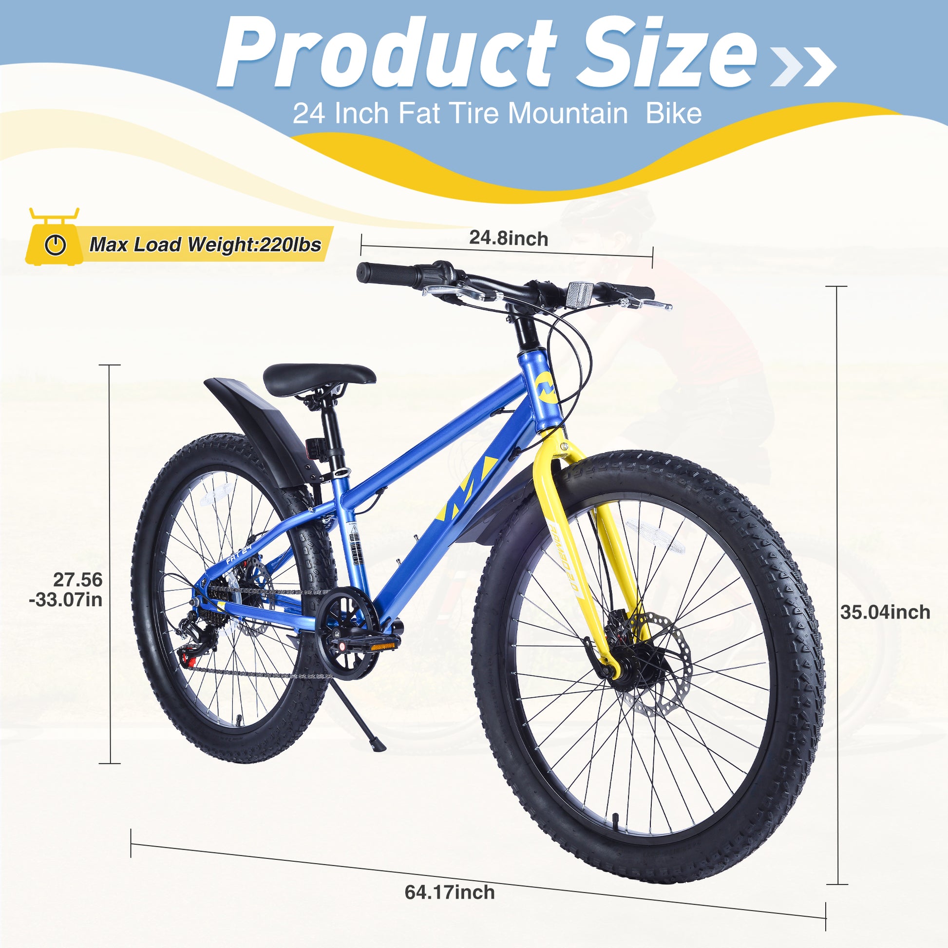 24 Inch Bicyclesfat Tire Mountain Bike For Boys And Girls Age 10 Years ,Dual Disc Brake,Shimano 7 Speed ,Kids Beach And Snow Bicycle Blue Steel