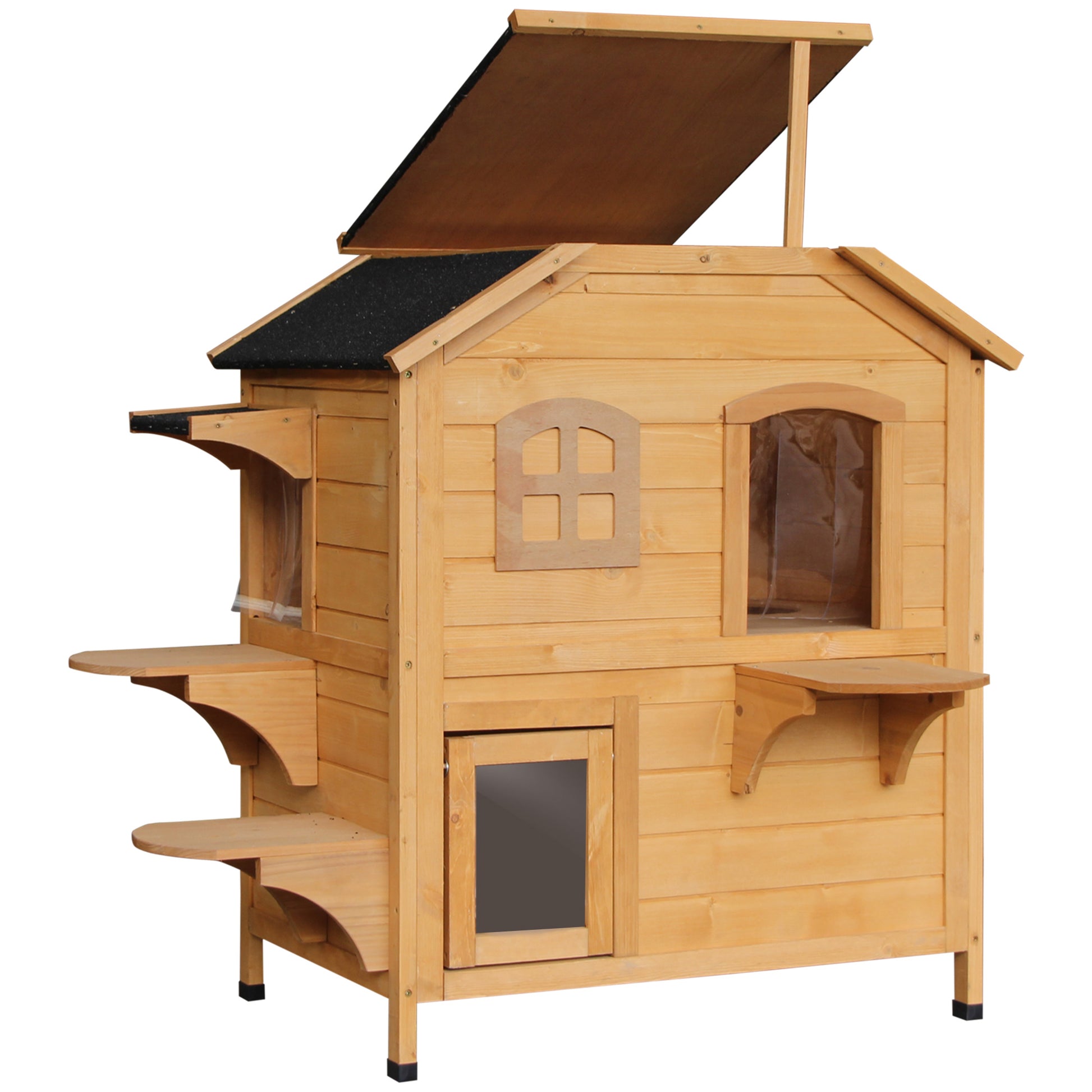 Pawhut 2 Story Cat House Outdoor, Weatherproof Wooden Cat Enclosure For Feral Cats With Escape Door, Openable Roof, Jumping Platforms, Natural Natural Wood Wood